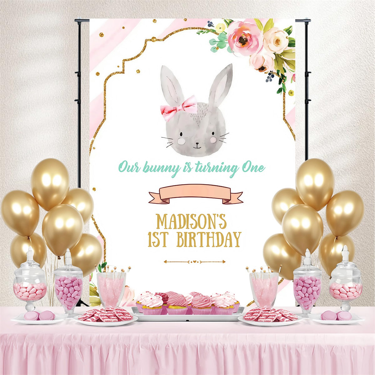 Backdrop For Easter Pink Striped Bunny Floral Customized Backdrop UK MRR3-137