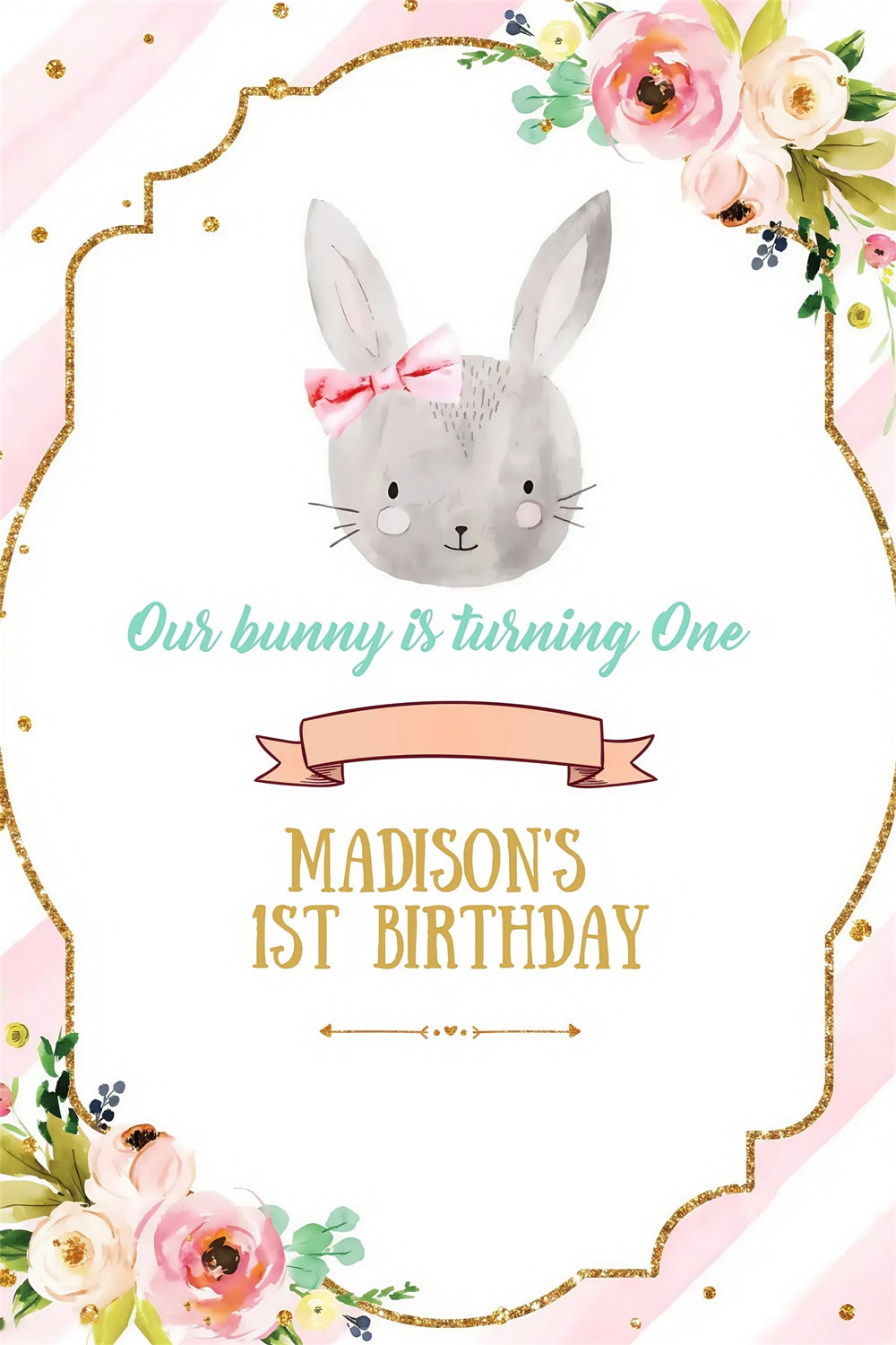 Backdrop For Easter Pink Striped Bunny Floral Customized Backdrop UK MRR3-137