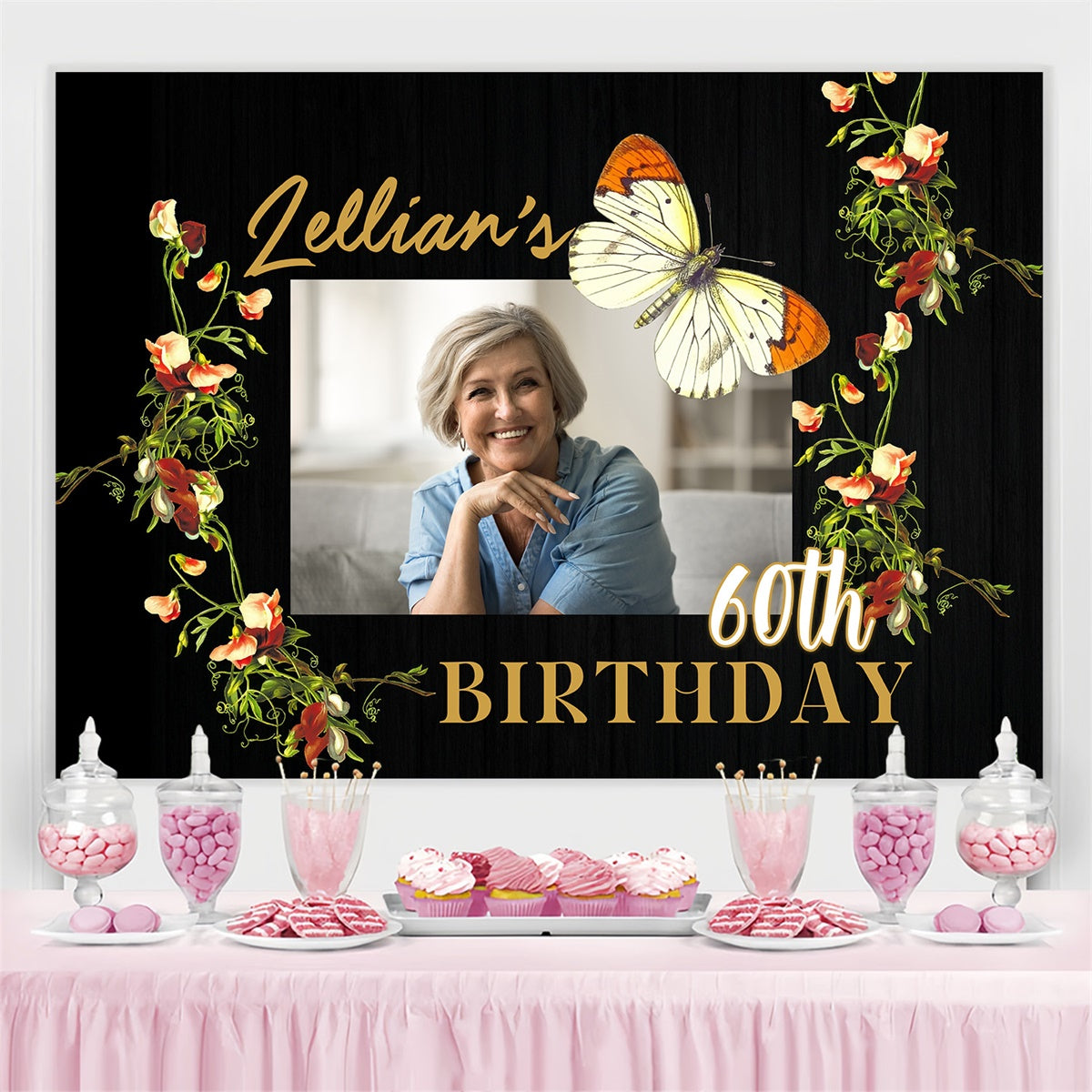Custom Happy Birthday Backdrop Rustic Butterfly Floral 60th Backdrop UK MRR3-146