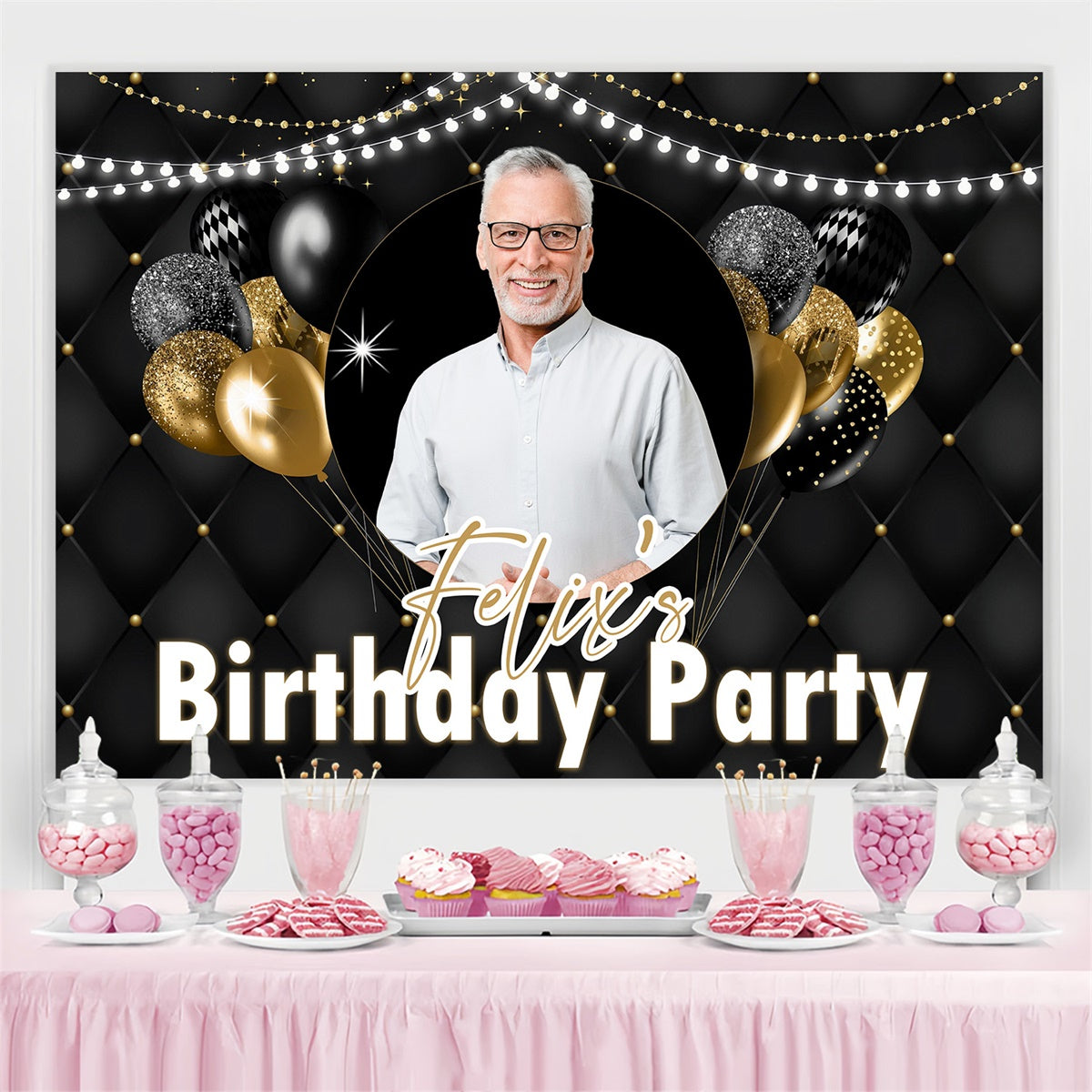 Customized Birthday Backdrop Sparkling Lights Gold Balloon Backdrop UK MRR3-147