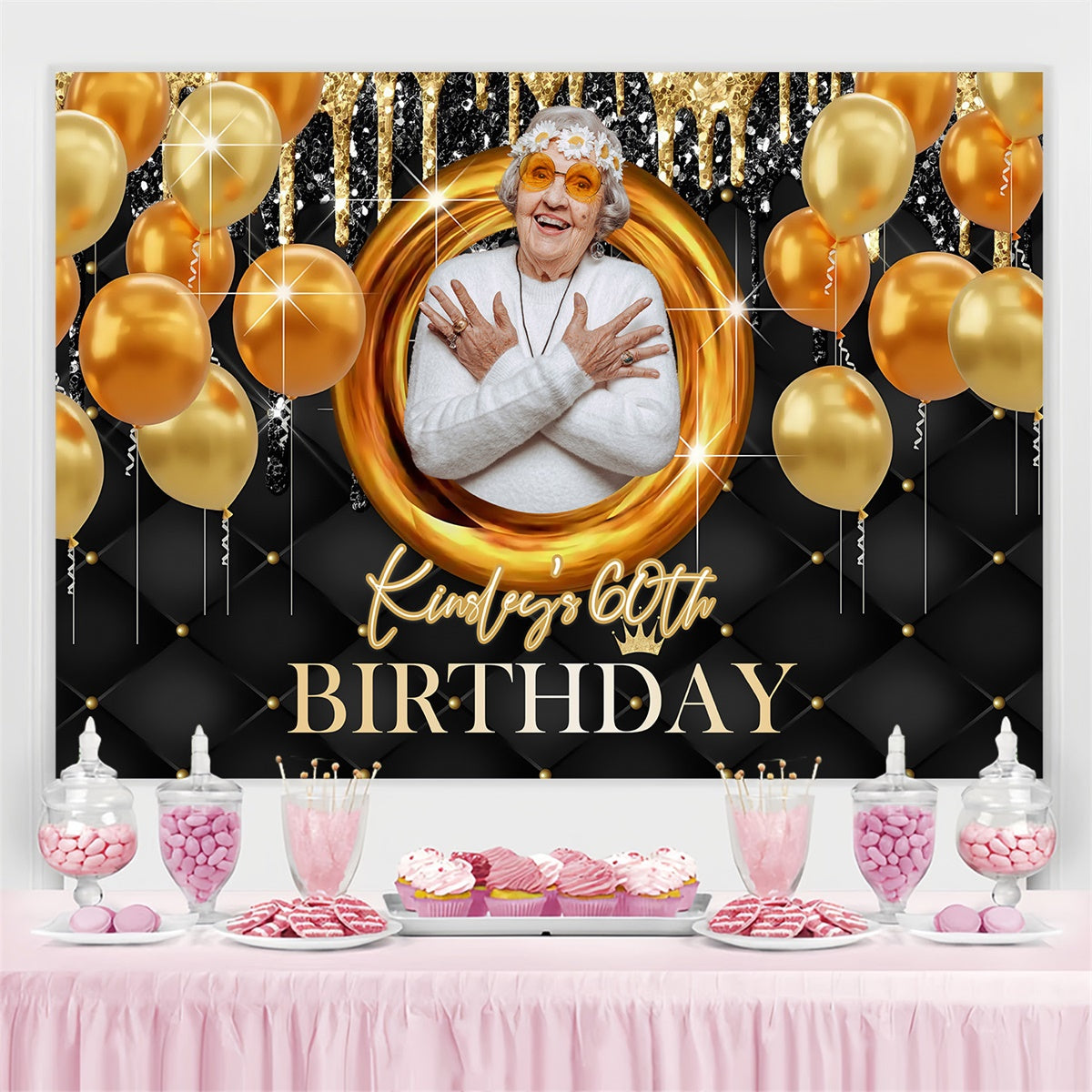Personalized 60th Birthday Backdrop Gold Balloon Sparkle Backdrop UK MRR3-148