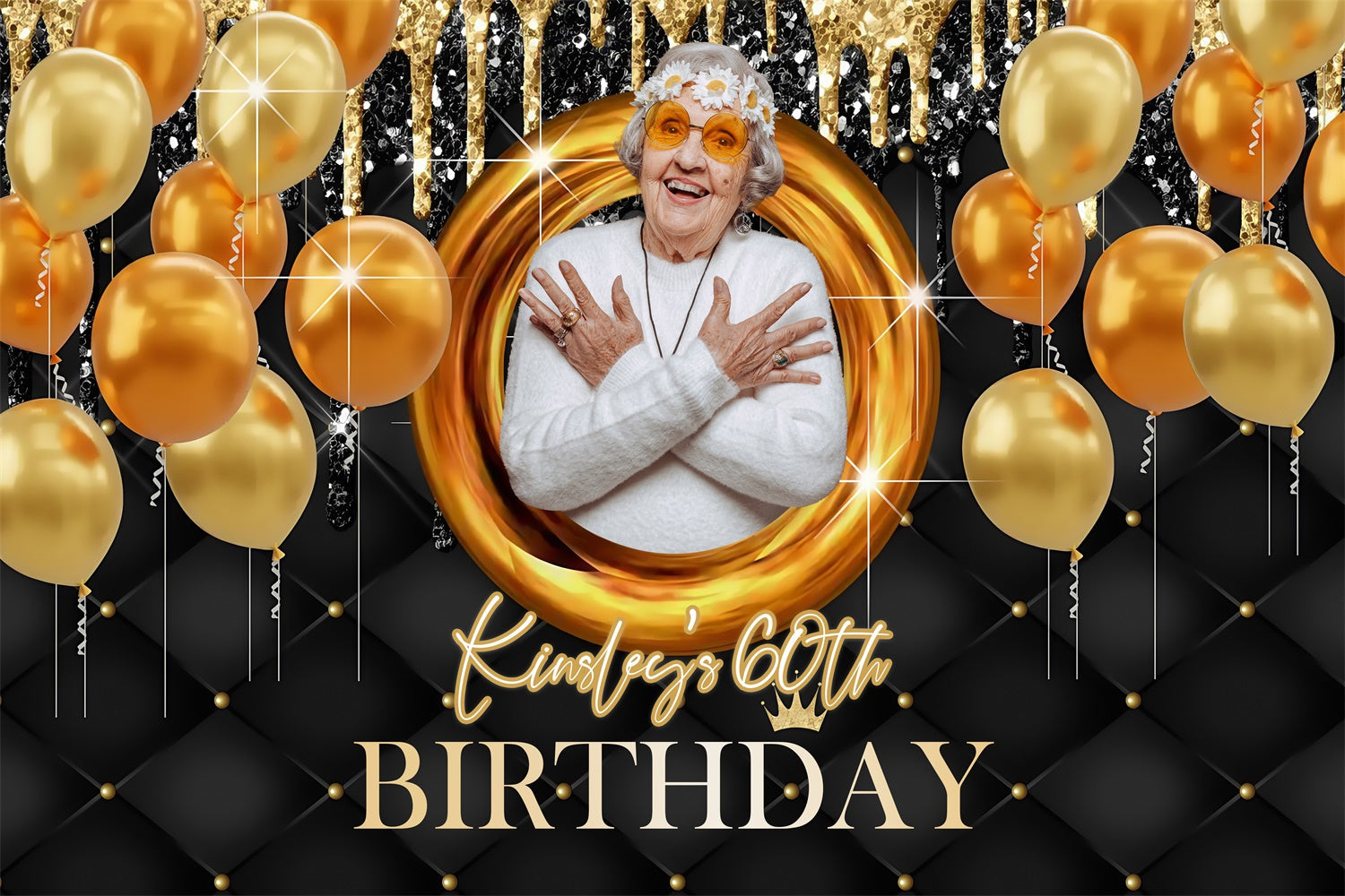 Personalized 60th Birthday Backdrop Gold Balloon Sparkle Backdrop UK MRR3-148