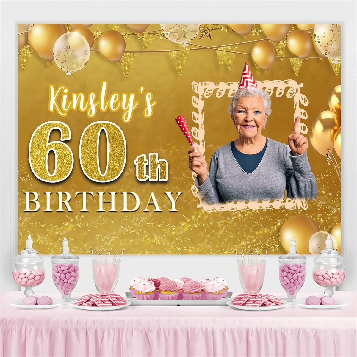 Custom Birthday Backdrops Festive Balloon Cheerful Gold Backdrop UK MRR3-149