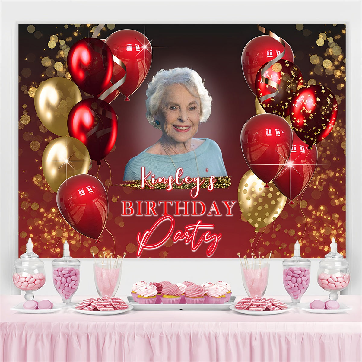 Custom Made Birthday Backdrops Red Gold Balloon Sparkle Backdrop UK MRR3-150
