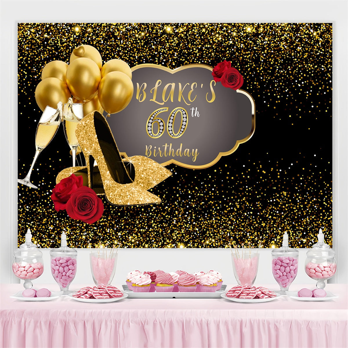 Personalized 60th Birthday Backdrop Red Rose Golden Heels Backdrop UK MRR3-152