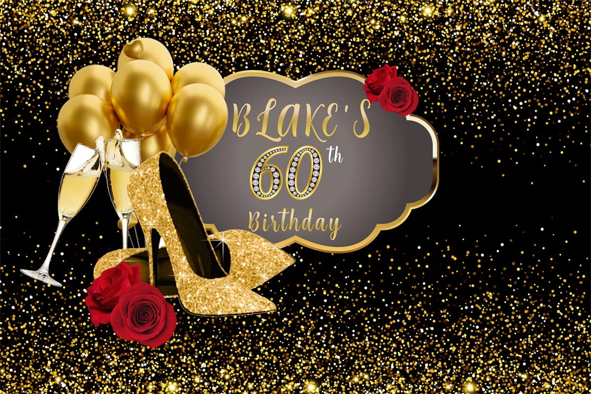 Personalized 60th Birthday Backdrop Red Rose Golden Heels Backdrop UK MRR3-152