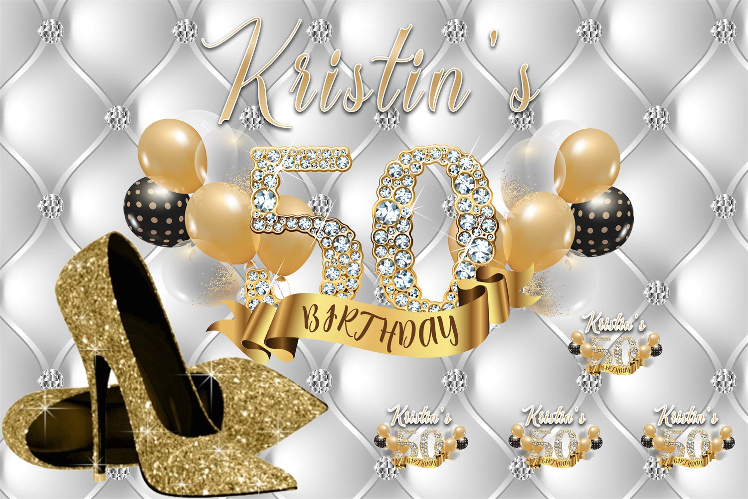 Personalized 50th Birthday Backdrop Diamond Gold Heels Backdrop UK MRR3-154