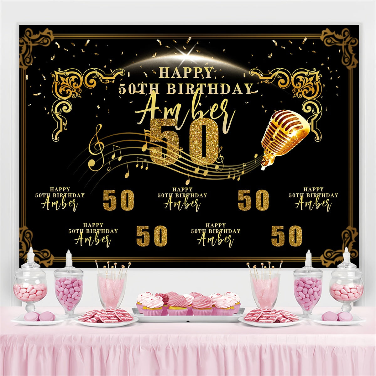 Custom Birthday Backdrops Sparkling Microphone Music Theme Backdrop UK MRR3-155
