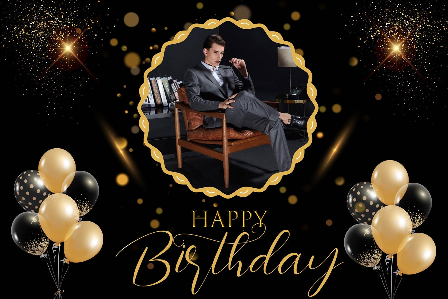 Custom Happy Birthday Backdrop Black Gold Luxury Backdrop UK MRR3-16