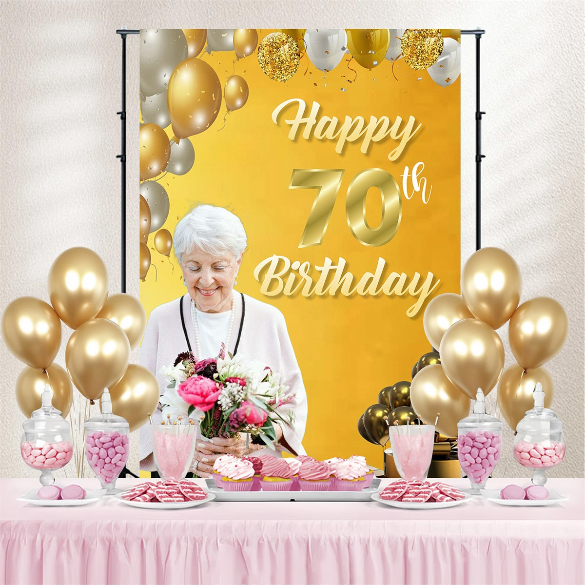 Personalized 70th Birthday Backdrop Elegant Gold Balloon Backdrop UK MRR3-163