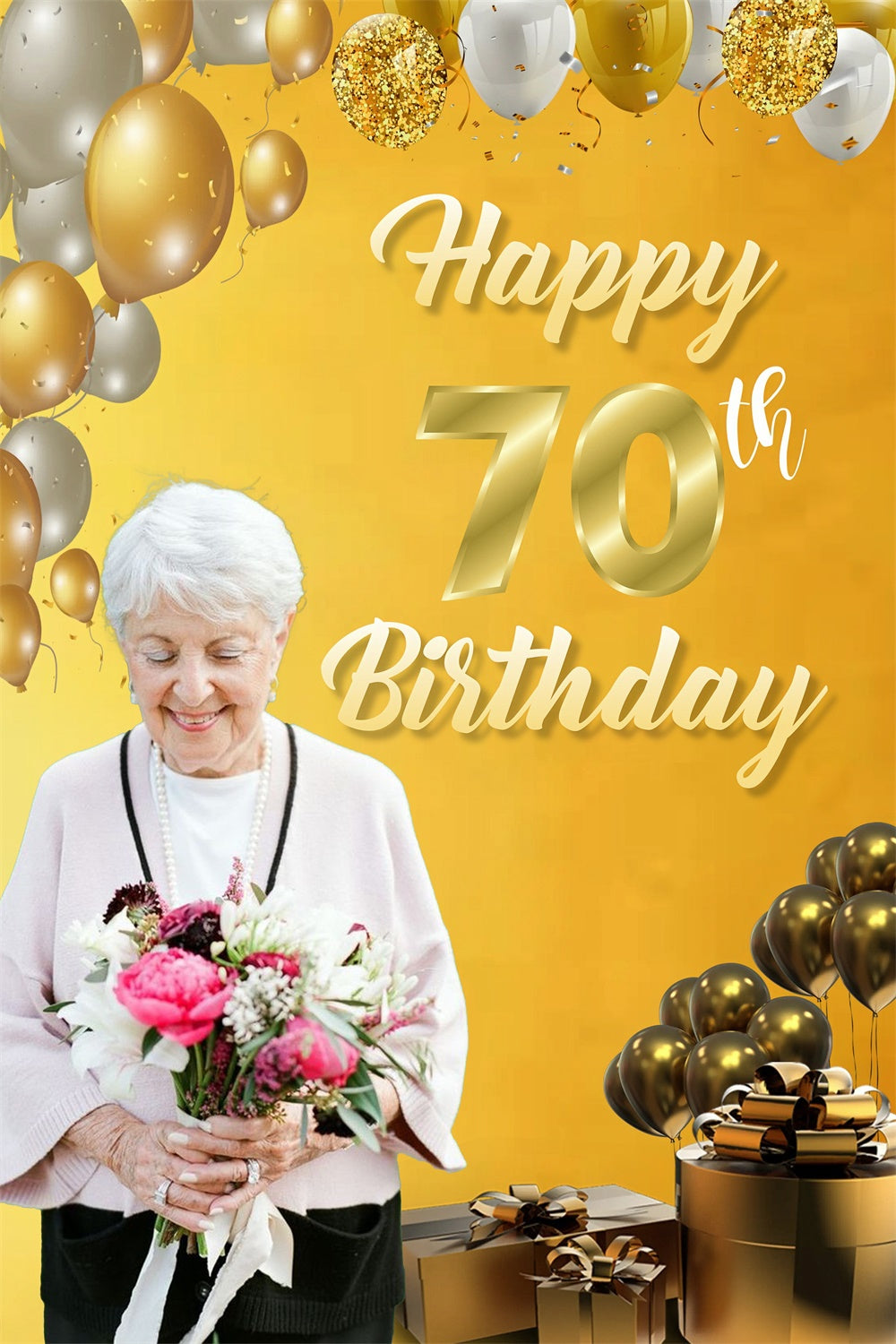 Personalized 70th Birthday Backdrop Elegant Gold Balloon Backdrop UK MRR3-163