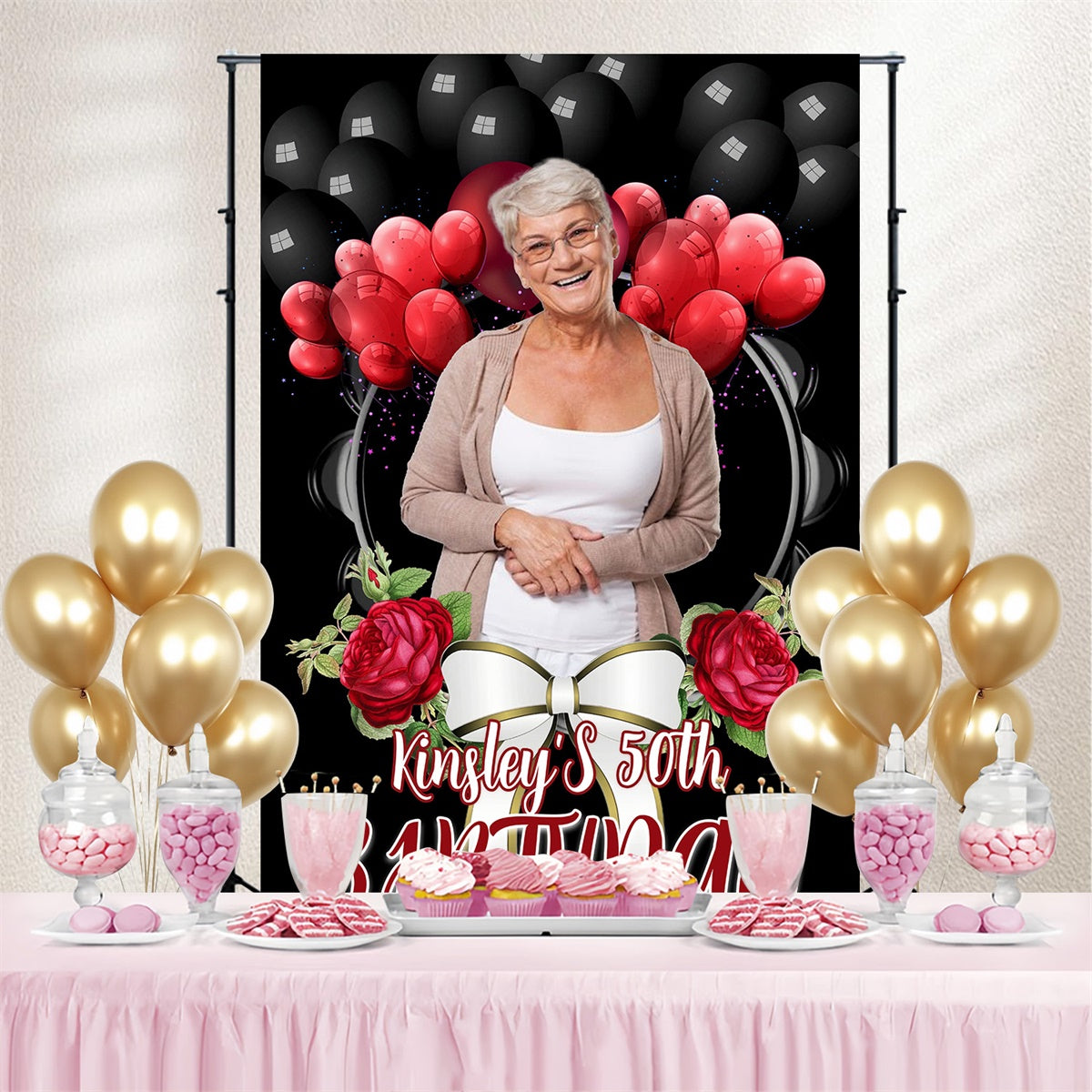 Customize Backdrop For Birthday Red Balloon Rose 50th Backdrop UK MRR3-165