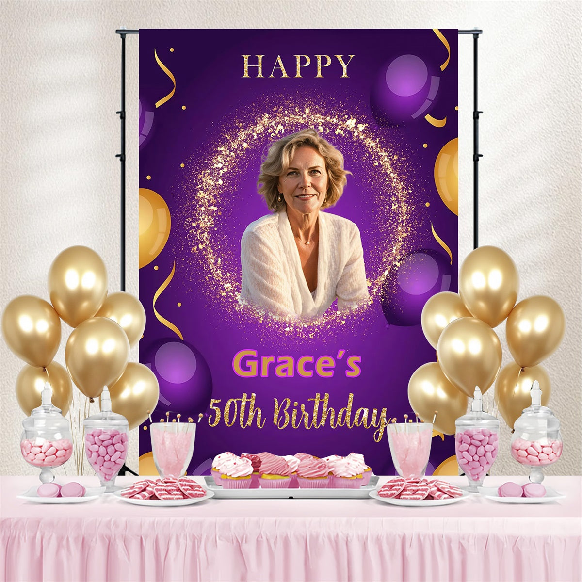Personalized 50th Birthday Backdrop Elegant Purple Sparkle Backdrop UK MRR3-166