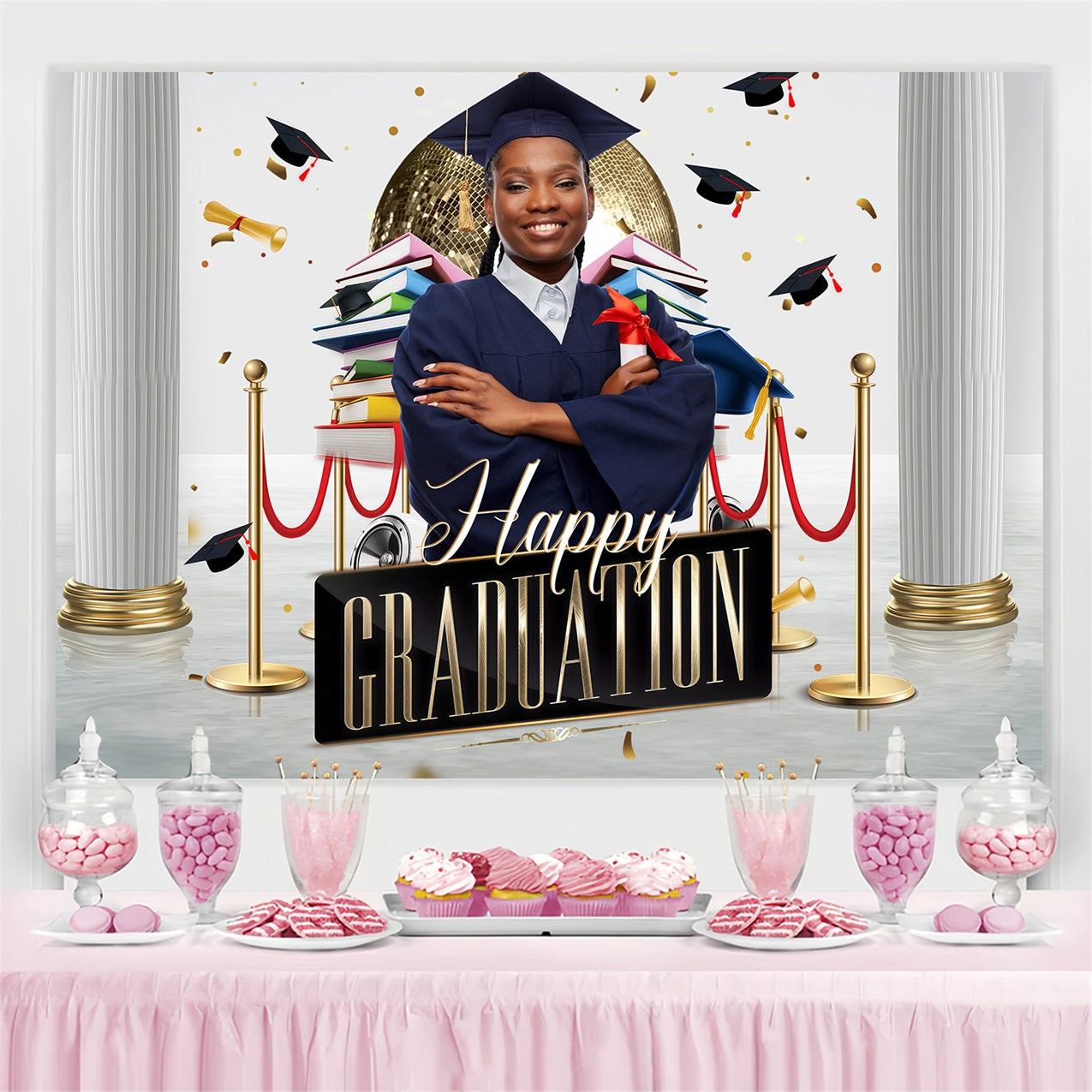 Graduation Photo Backdrop Ideas Hat Confetti Columns Custom Party Graduation Backdrop UK MRR3-183