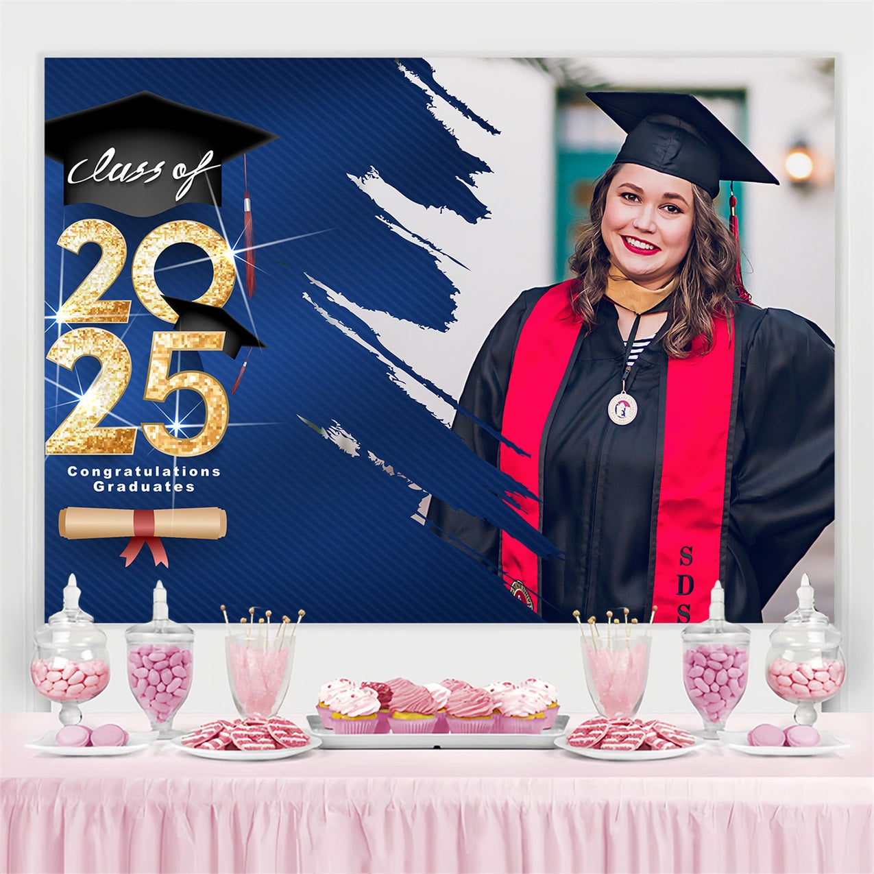 Graduation Backdrop Blue Sparkle Blue Theme Custom Party Graduation Backdrop UK MRR3-187