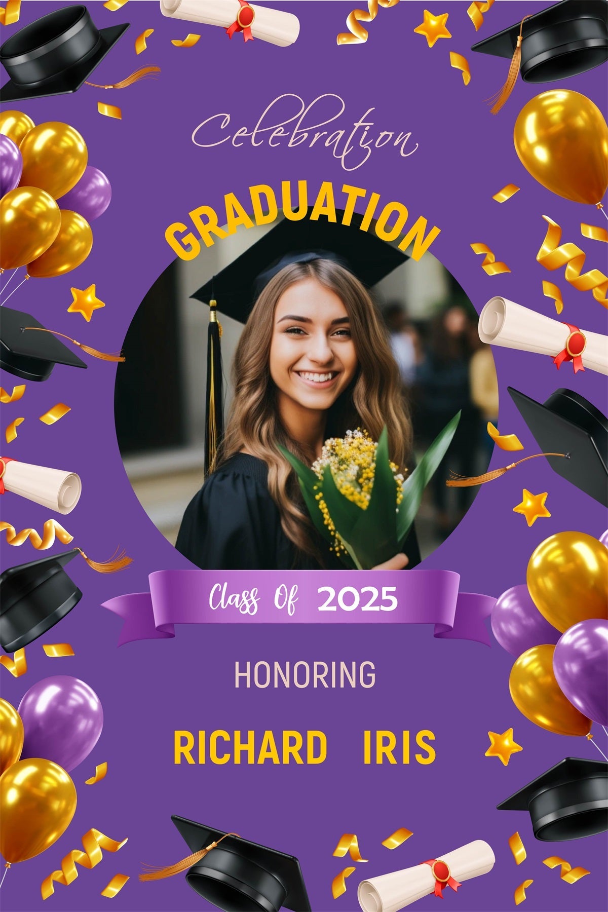 Graduation Backdrop Purple Balloon Confetti Personalised Party Graduation Backdrop UK MRR3-191