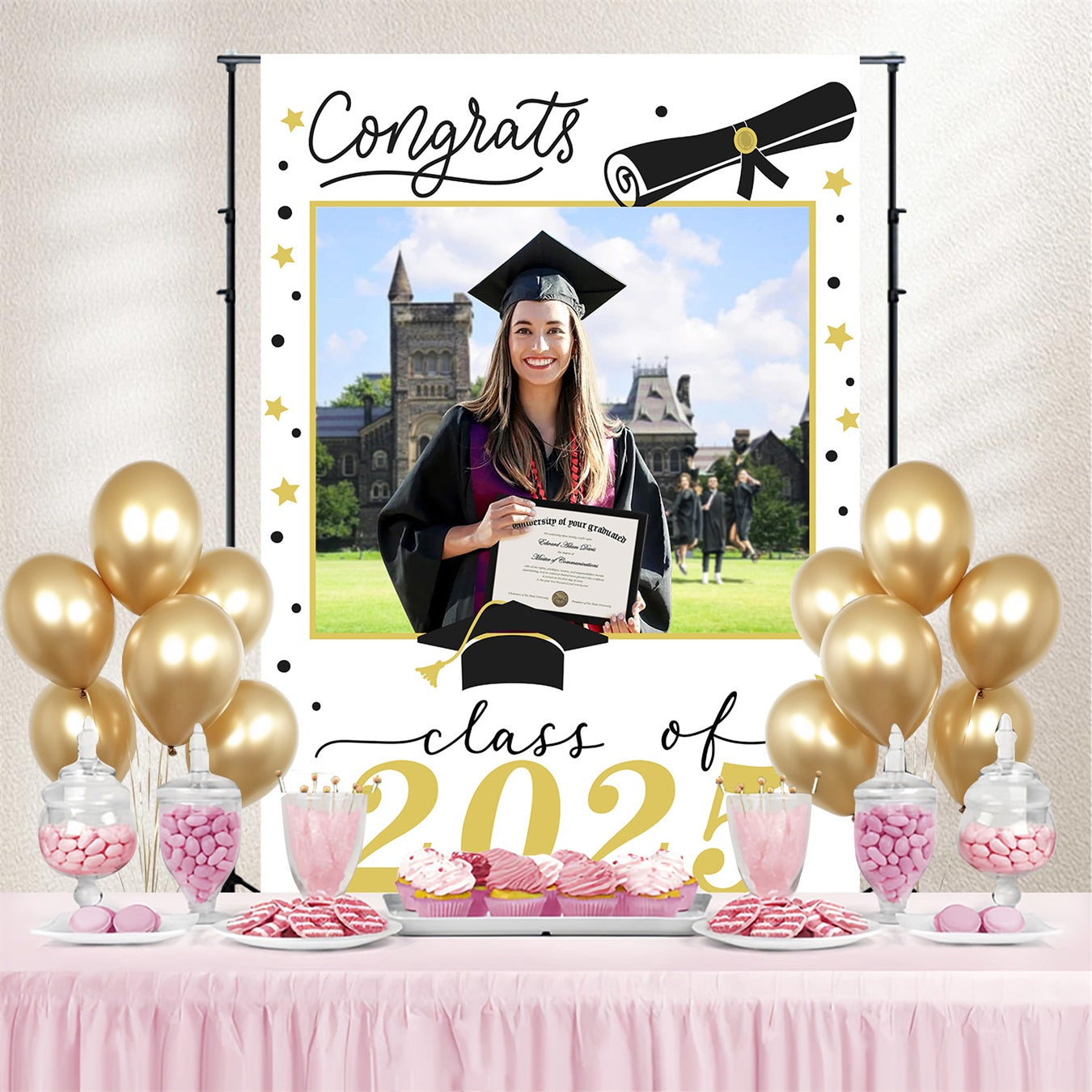 Graduation Photo Backdrop Stars White Frame Custom Party Graduation Backdrop UK MRR3-192