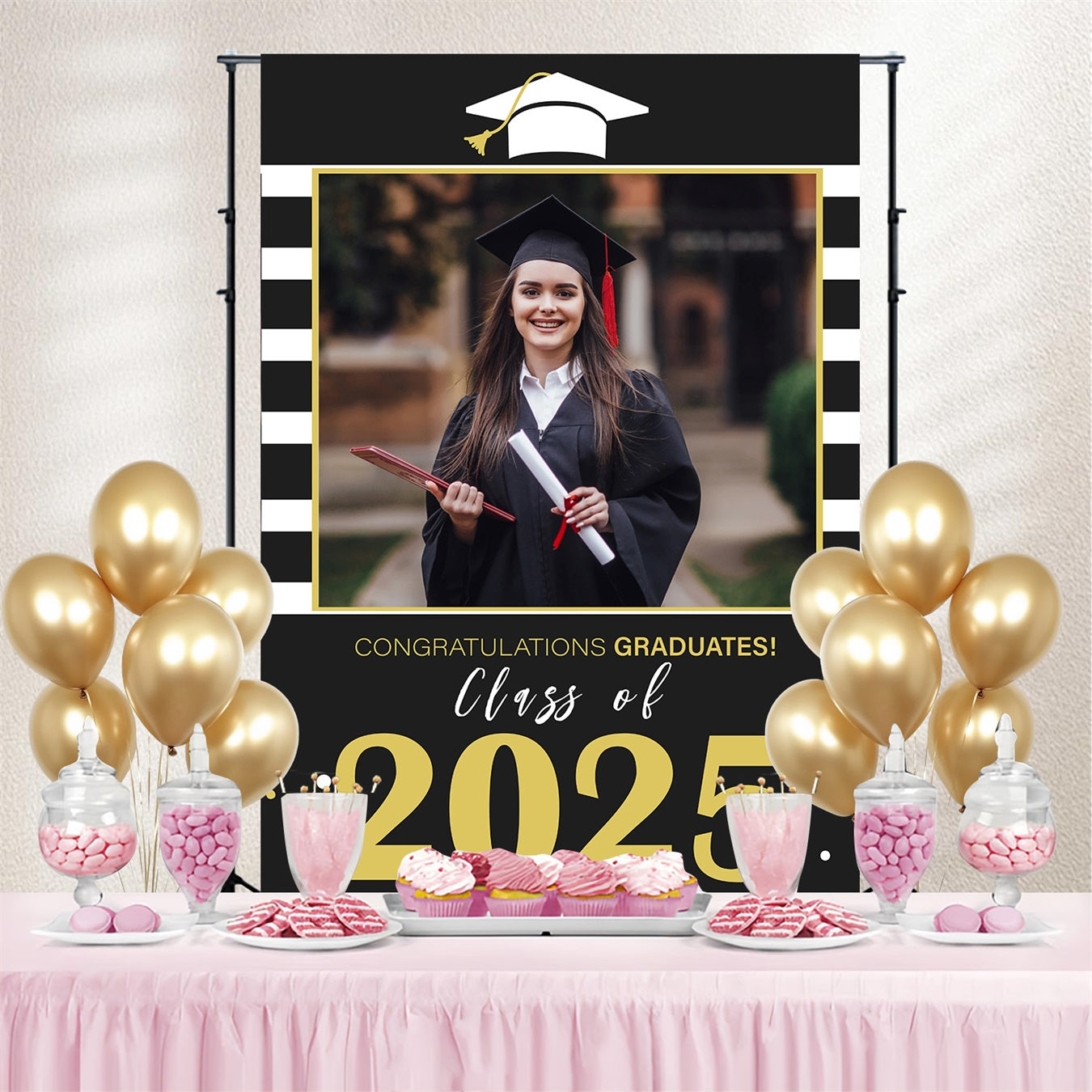 2025 Graduation Backdrop Modern Stripes 2025 Personalized Party Graduation Backdrop UK MRR3-193