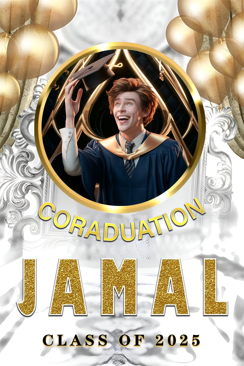 Graduated Backdrop White Gold Balloon Customized Party Graduation Backdrop UK MRR3-194