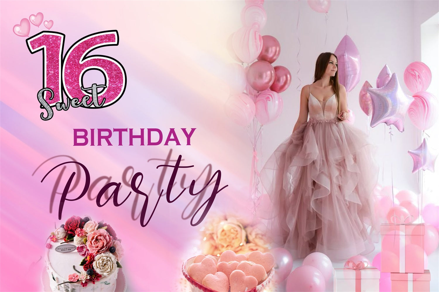 Customize Birthday Backdrop Pink Glamour Sweet 16 Backdrop UK MRR3-2