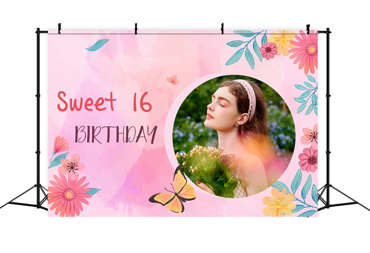 Birthday Backdrop Personalized Pink Floral Sweet 16 Backdrop UK MRR3-20