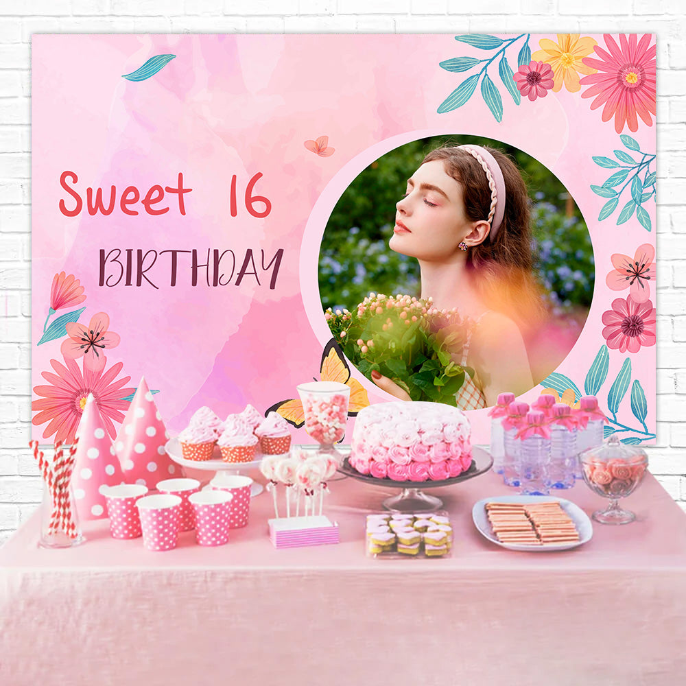 Birthday Backdrop Personalized Pink Floral Sweet 16 Backdrop UK MRR3-20