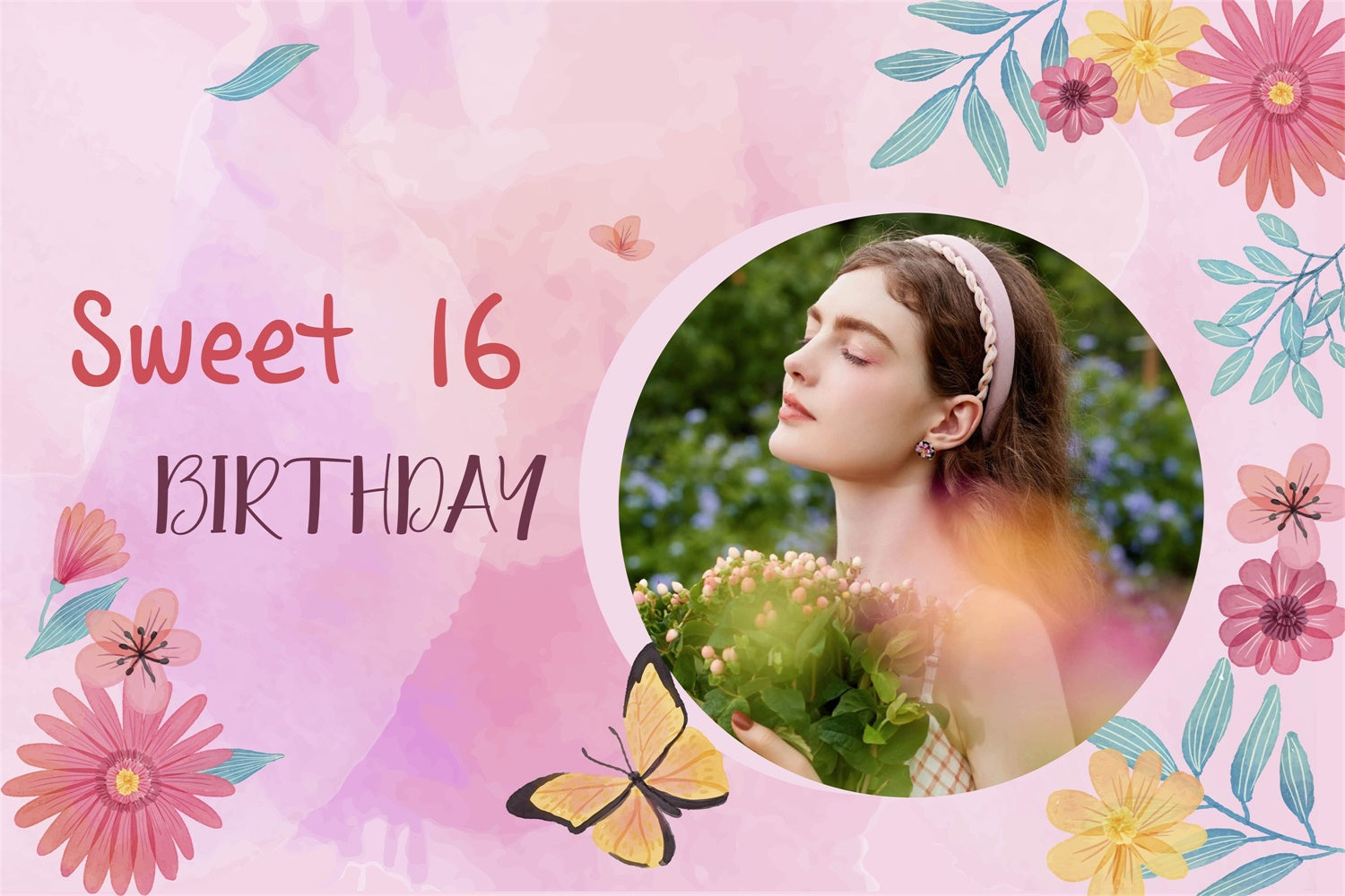 Birthday Backdrop Personalized Pink Floral Sweet 16 Backdrop UK MRR3-20