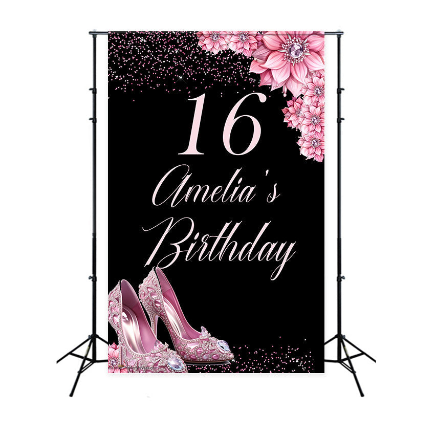 Personalized Birthday Backdrop Pink Shoes Sweet 16 Backdrop UK MRR3-22