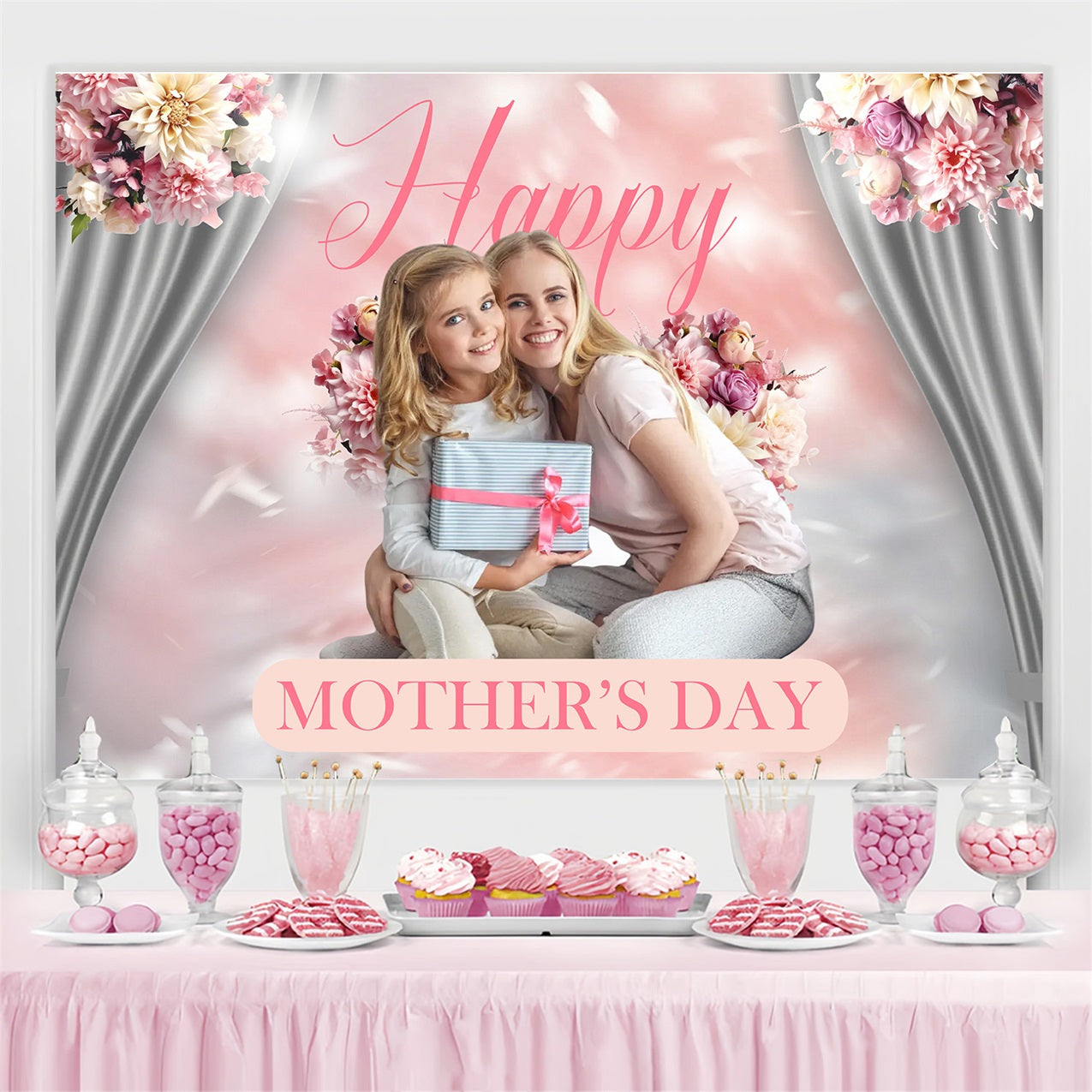 Backdrops For Mother's Day Pastel Flower Curtain Personalised Backdrop UK MRR3-34