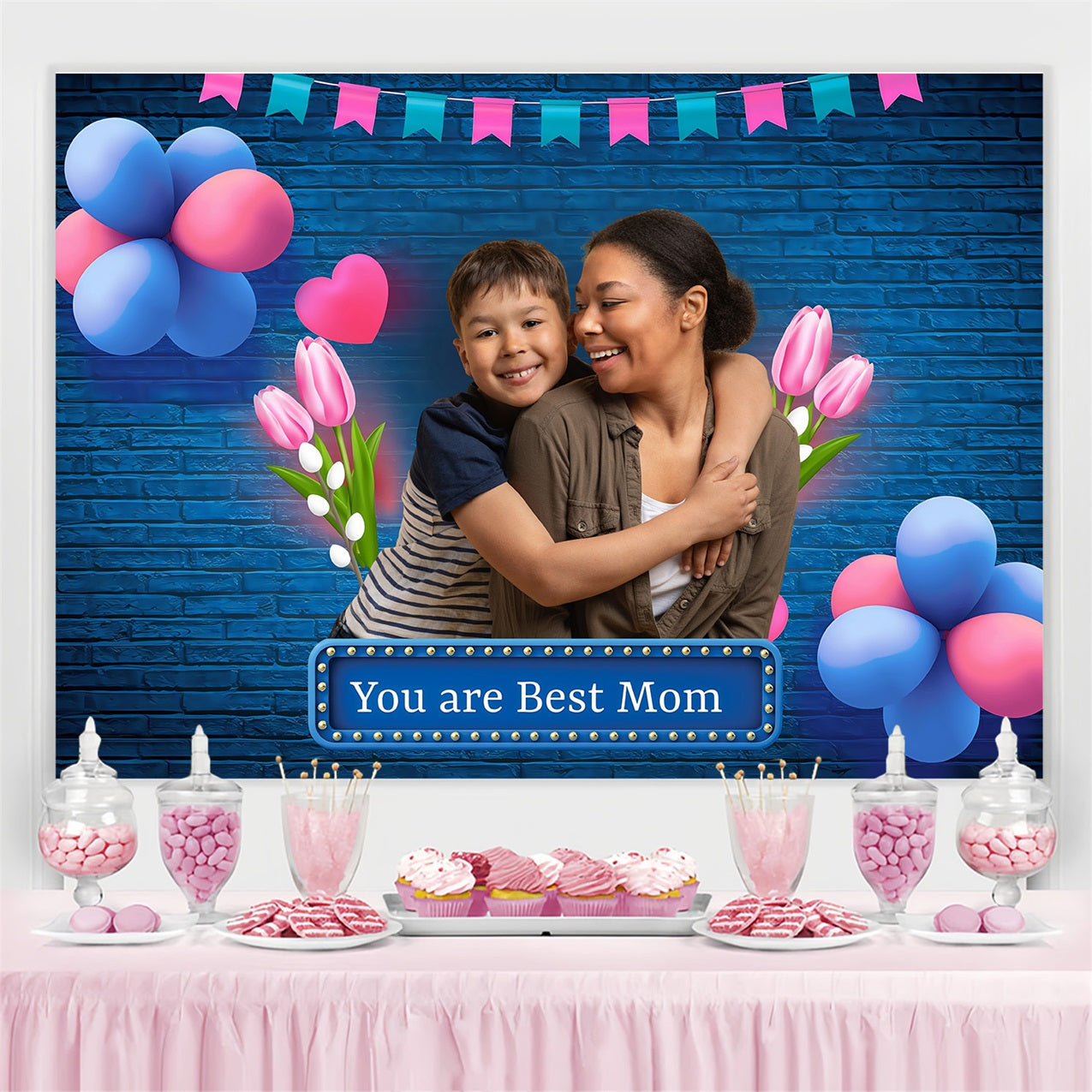 Mothers Day Photo Backdrops Tulips Balloons Celebration Personalized Backdrop UK MRR3-51