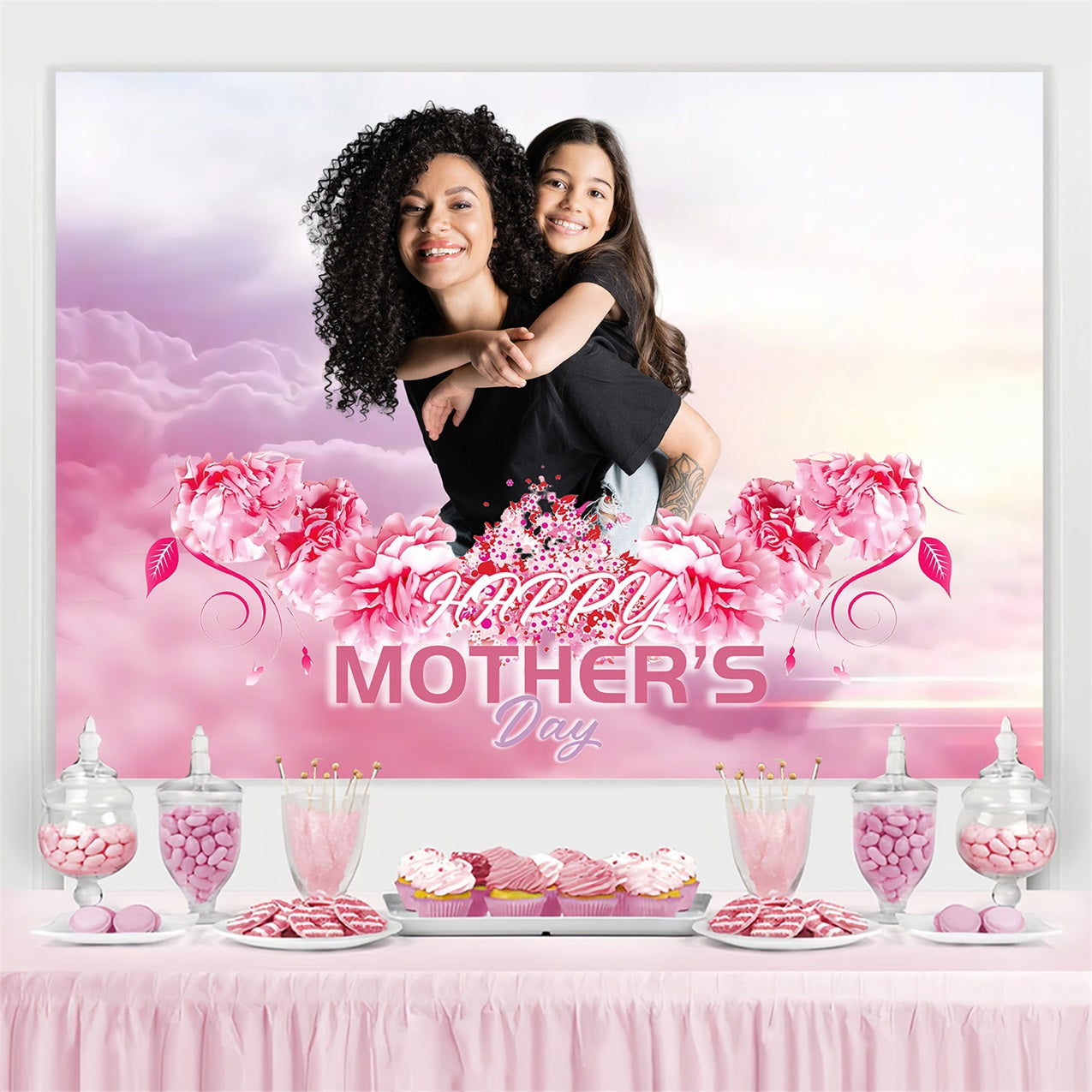 Mother's Day Backdrop Ideas Pink Cloud Flower Personalized Backdrop UK MRR3-70