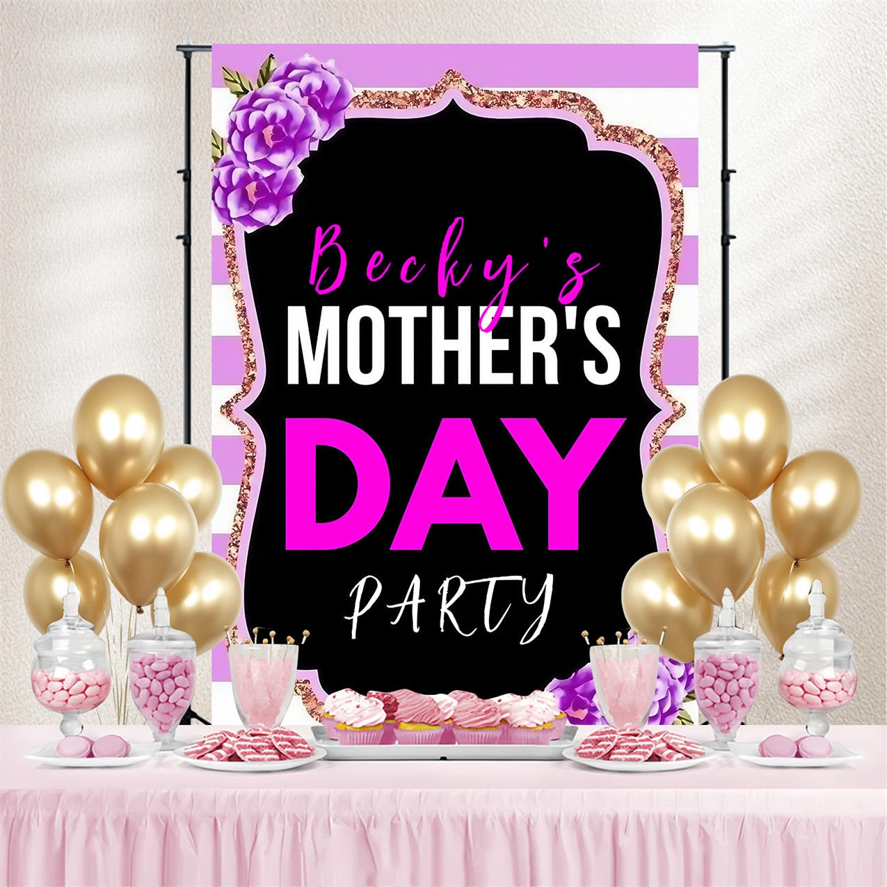 Mothers Day Photo Backdrop Ideas Floral Striped Glitter Personalised Backdrop UK MRR3-76