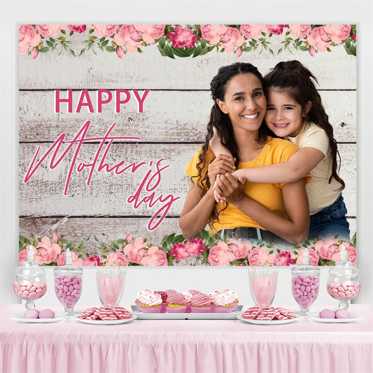 Mother's Day Photo Backdrop Rustic Floral Wooden Custom Backdrop UK MRR3-88