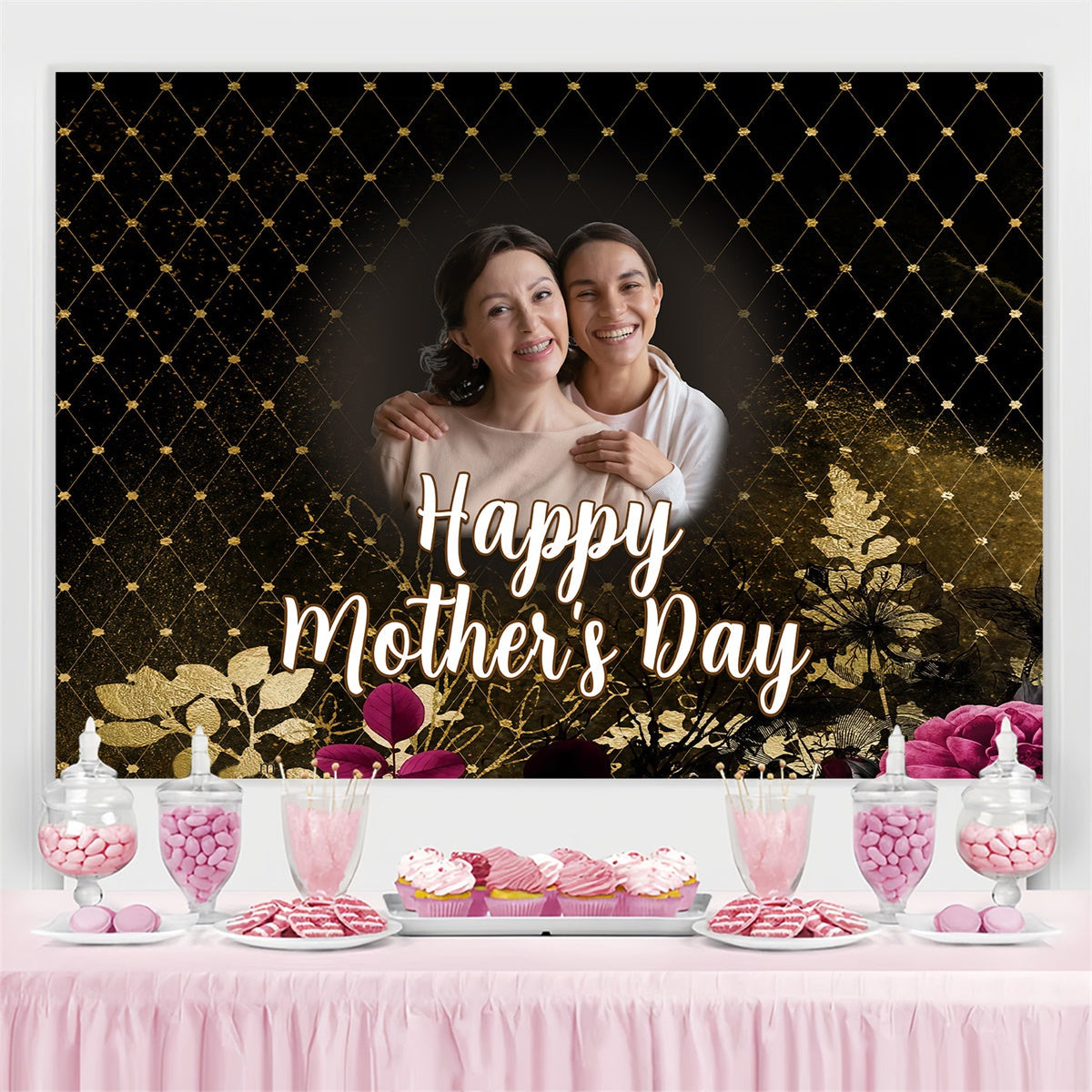 Mothers Day Photo Backdrop Luxurious Black Gold Custom Backdrop UK MRR3-98