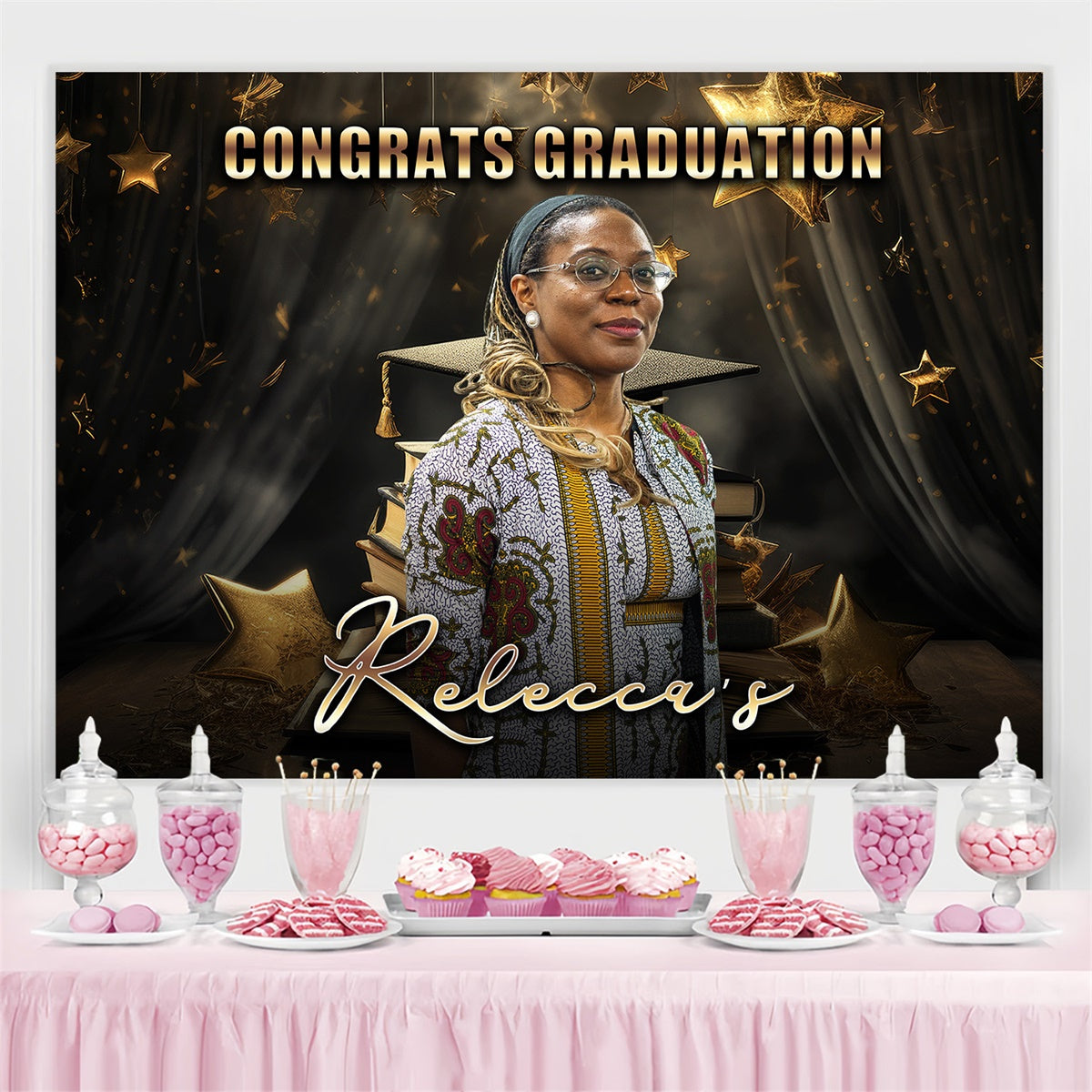 Custom Graduation Backdrop Golden Stars Books Graduation Party Backdrop UK MRR4-11