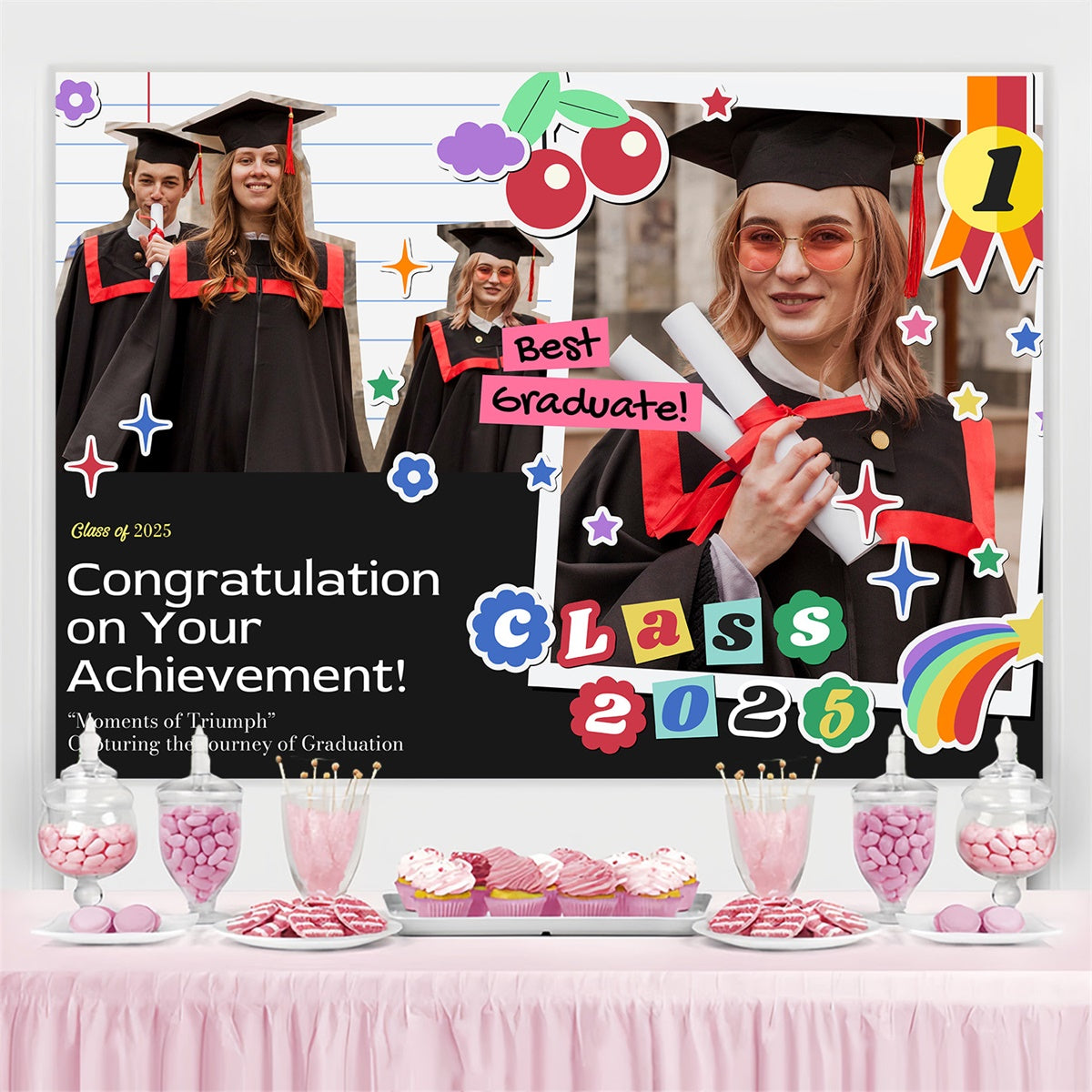 Custom Graduation Backdrops Cute Sticker Style Graduation Party Backdrop UK MRR4-15