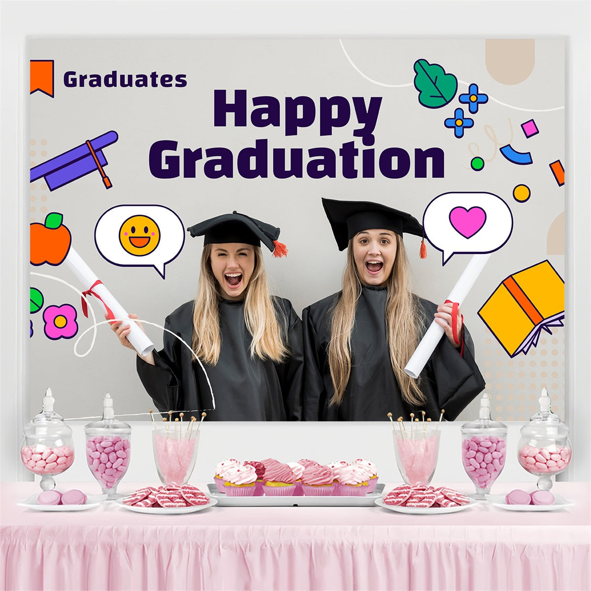 2025 Custom Graduation Backdrop Colorful Doodle Graduation Party Backdrop UK MRR4-17