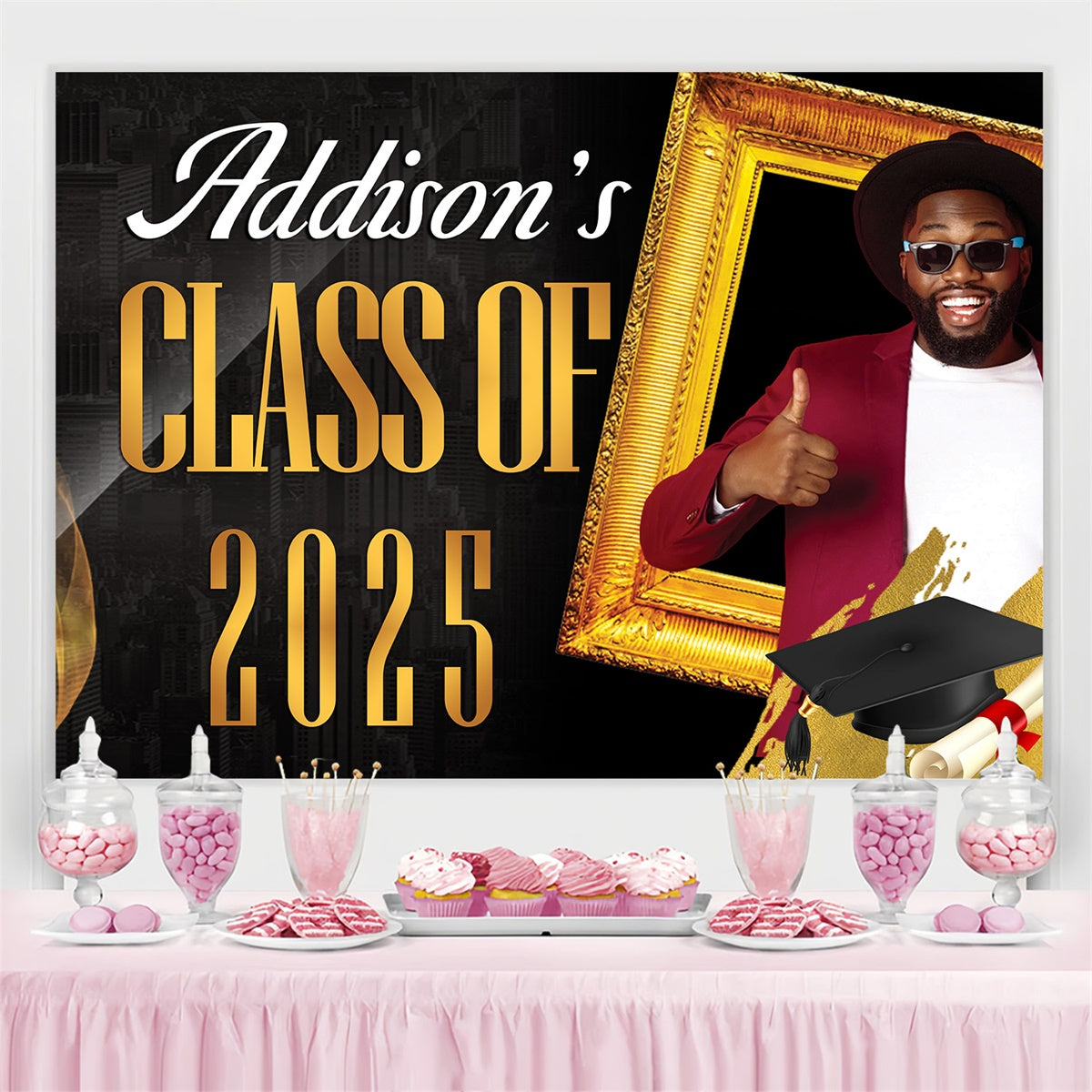 Custom Graduation Backdrops Black Gold Luxe Graduation Party Backdrop UK MRR4-18