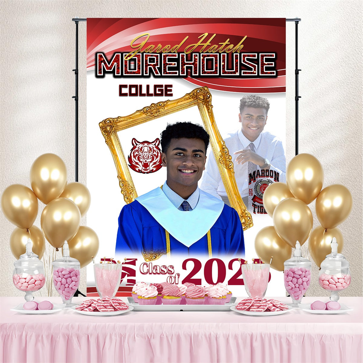 Customized Graduation Backdrop Gold Frame College Graduation Party Backdrop UK MRR4-23