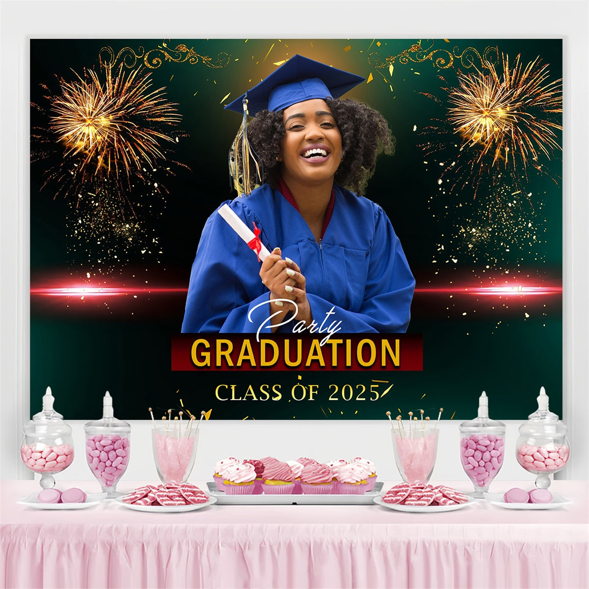 Custom Graduation Backdrop Sparkling Fireworks Graduation Party Backdrop UK MRR4-4