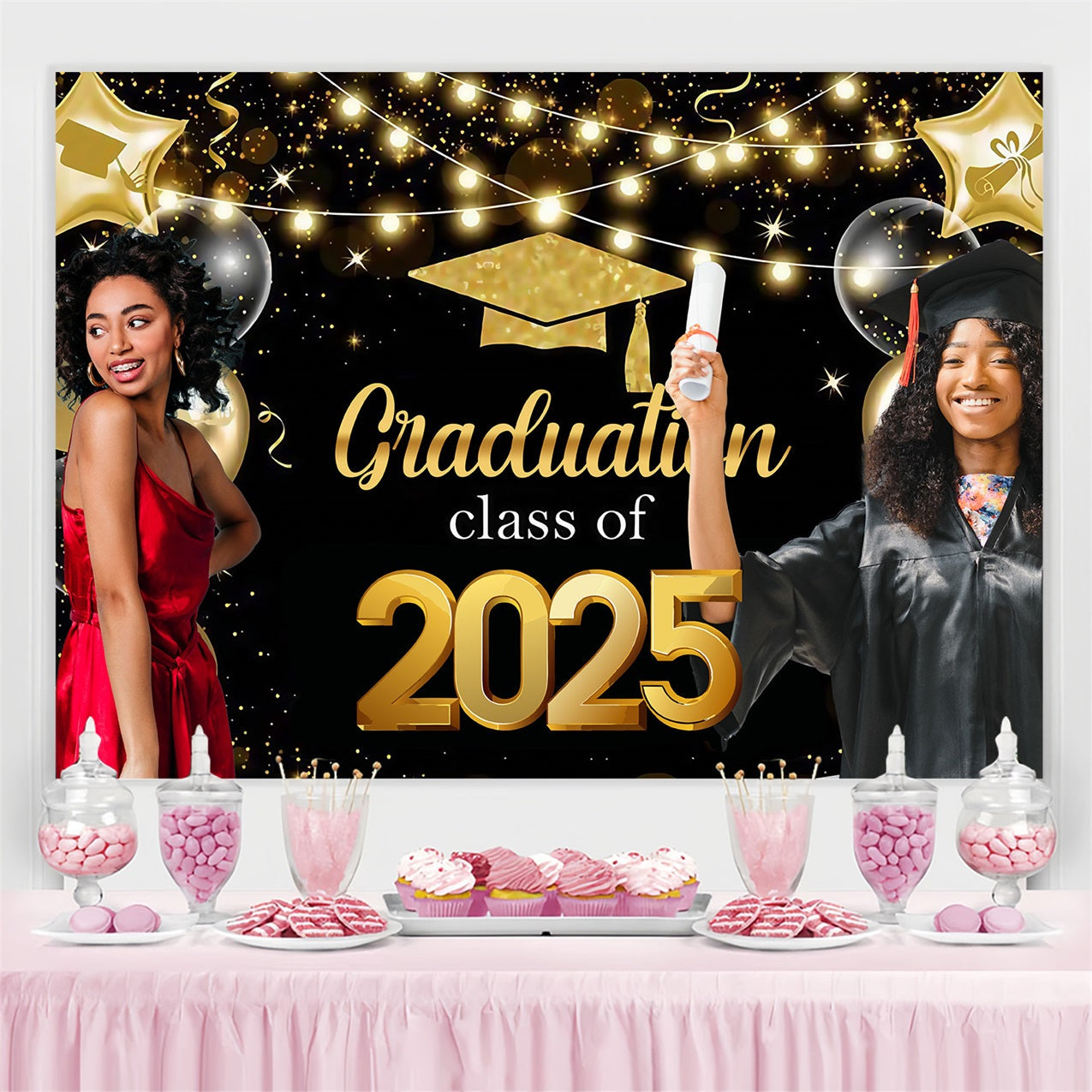 Graduation Picture Backdrop Golden Stars Lights Custom Party Graduation Backdrop UK MRR4-40