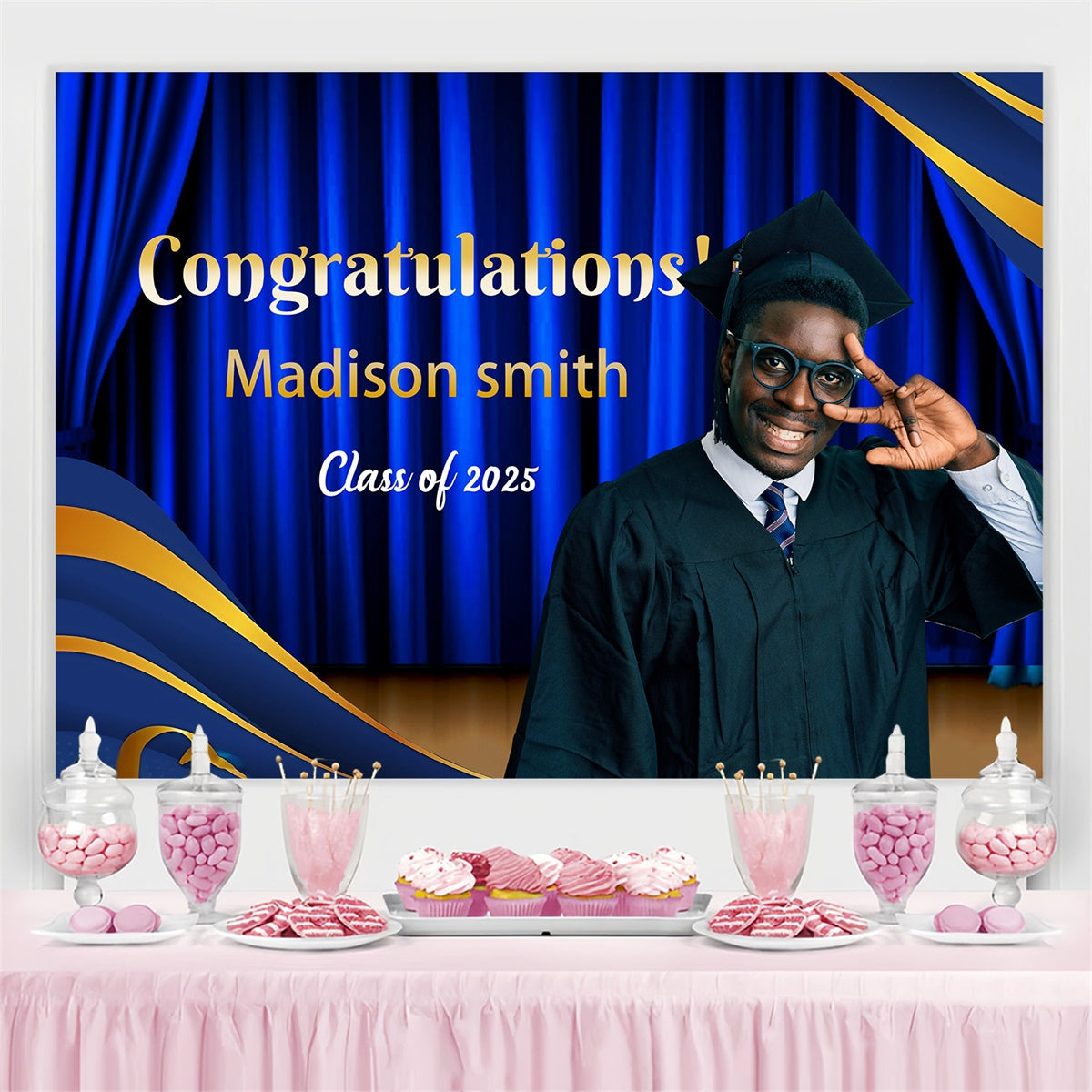 Custom Graduation Backdrops Blue Curtain Stage Graduation Party Backdrop UK MRR4-9