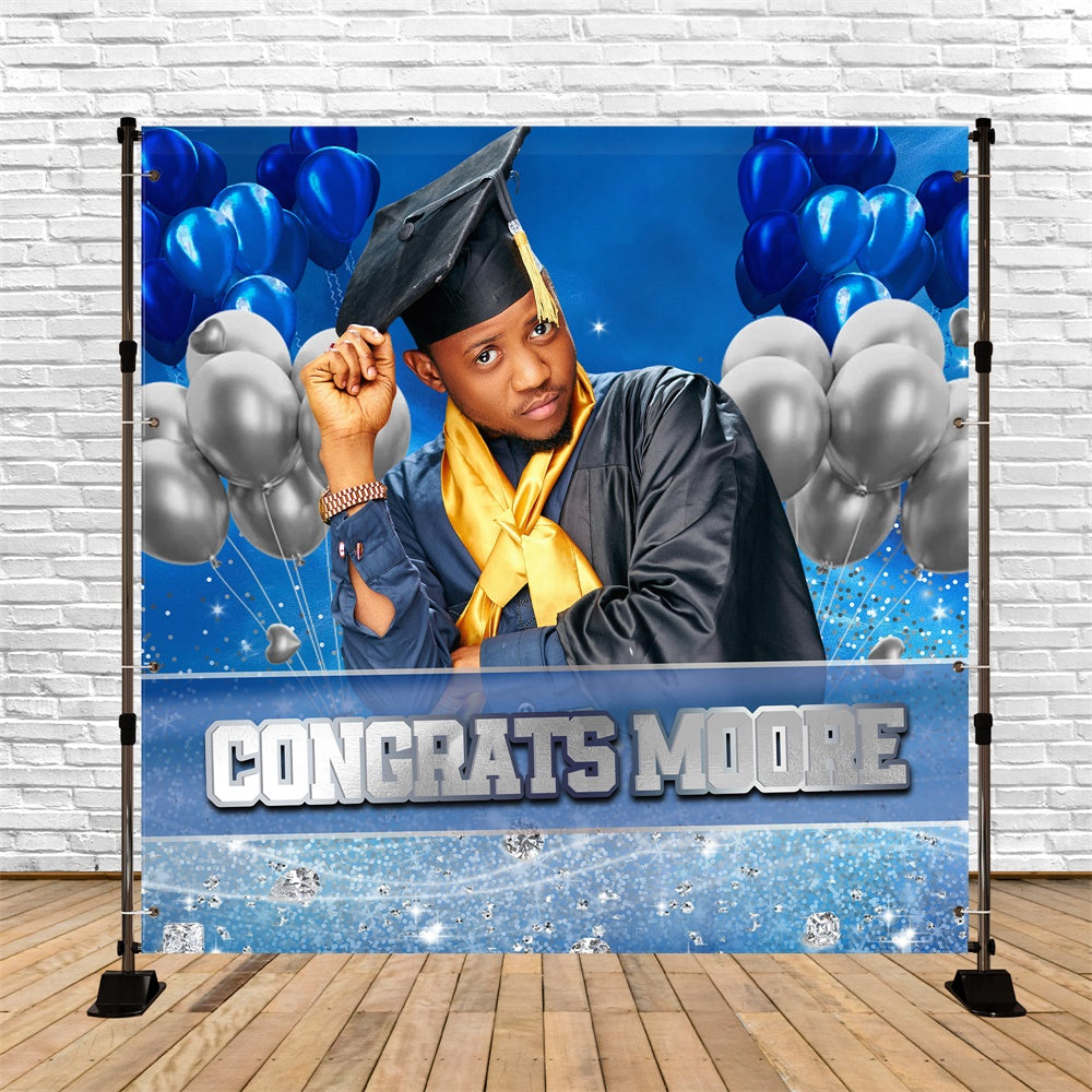 Custom Graduation Backdrop Navy Shine Balloon Graduation Party Backdrop UK MRR5-17