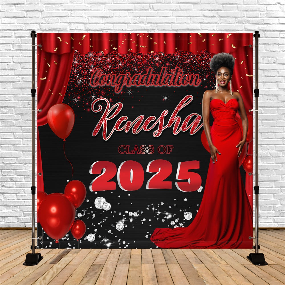 Customized Graduation Backdrop Red Curtain Glam Graduation Party Backdrop UK MRR5-21