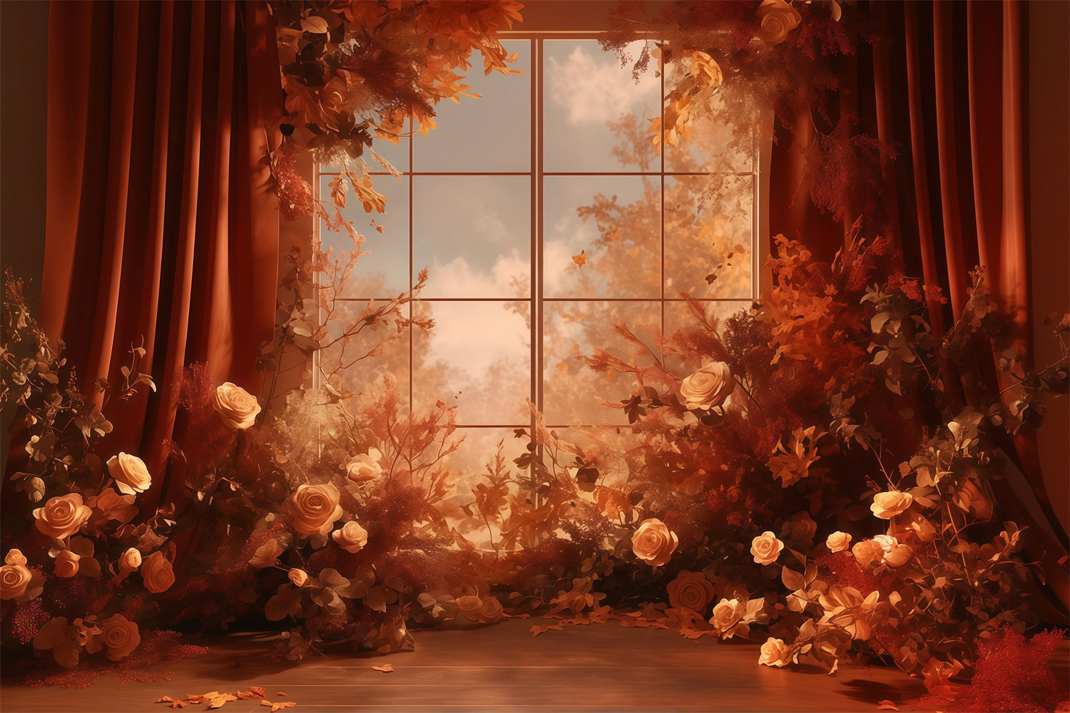 Autumn Backdrop Warm Floral Window View Backdrop UK MRR7-118