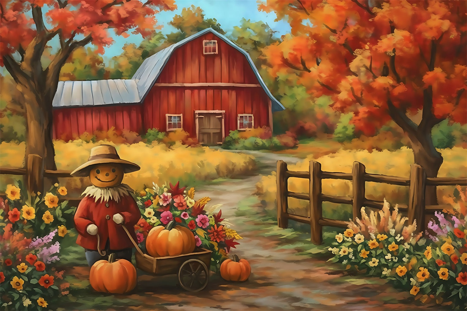 Barn Backdrop Flowers Pumpkins Delight Autumn Backdrop UK MRR7-119