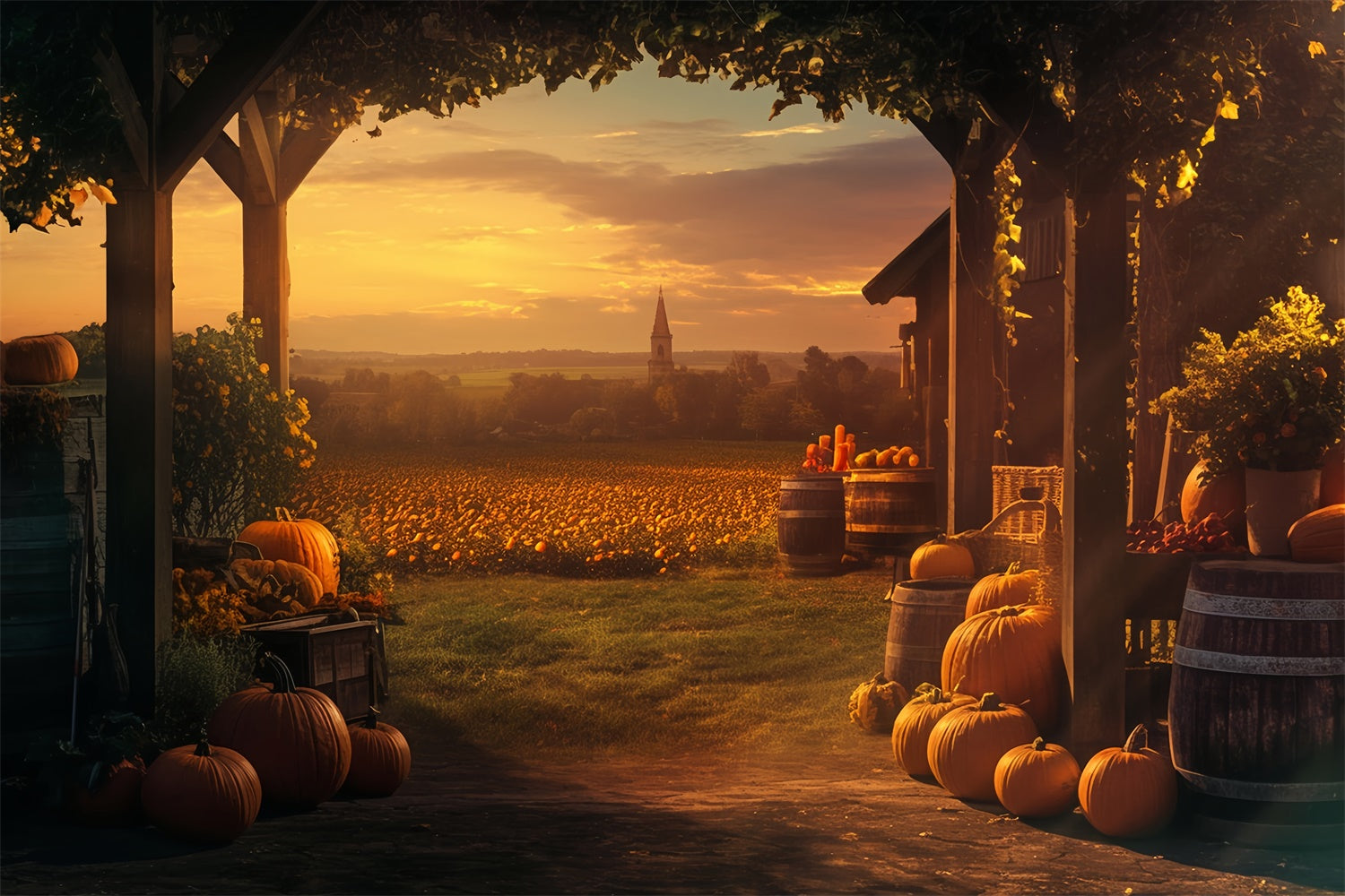 Sunset Backdrop Golden Pumpkin Farm Fall Backdrops UK MRR7-120