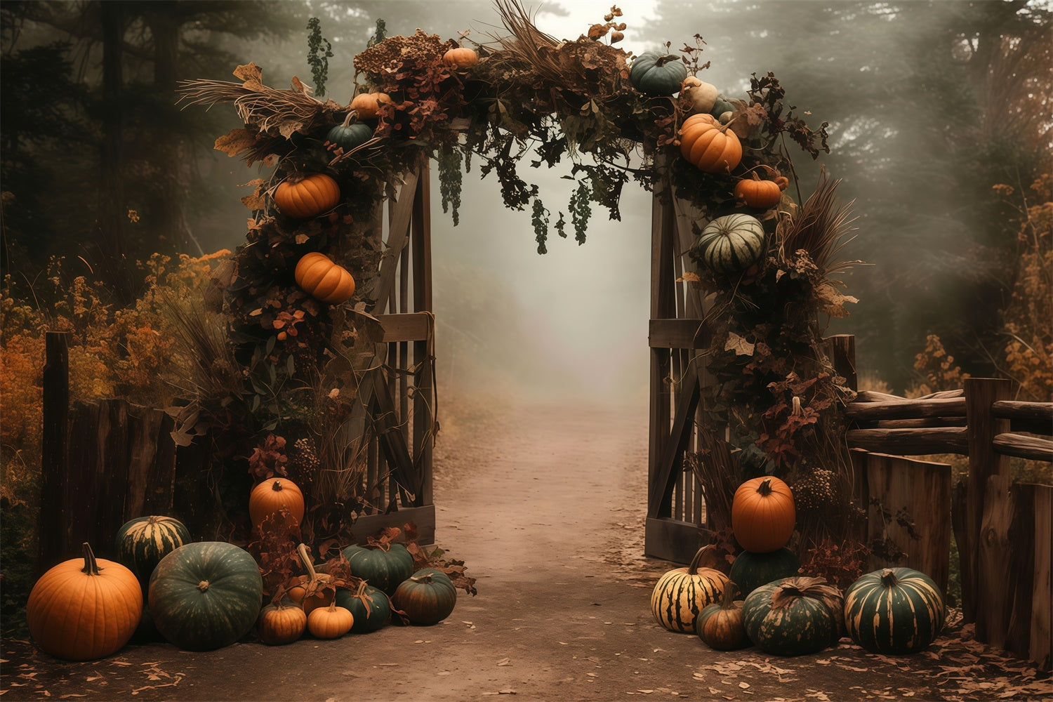 Fall Photo Backdrop Misty Pumpkin Arch Path Backdrop UK MRR7-128