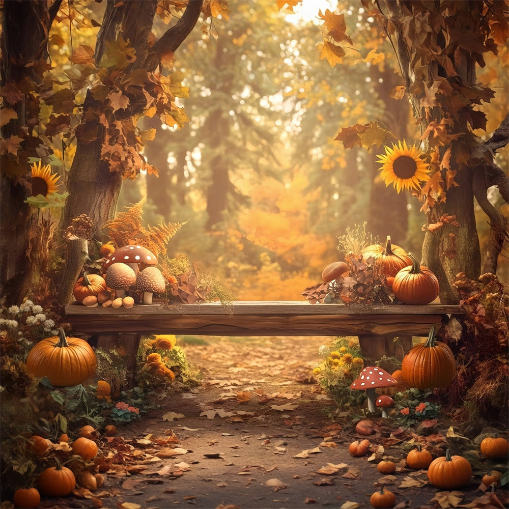 Fall Forest Backdrop Mushroom Pumpkin Bench Backdrop UK MRR7-130