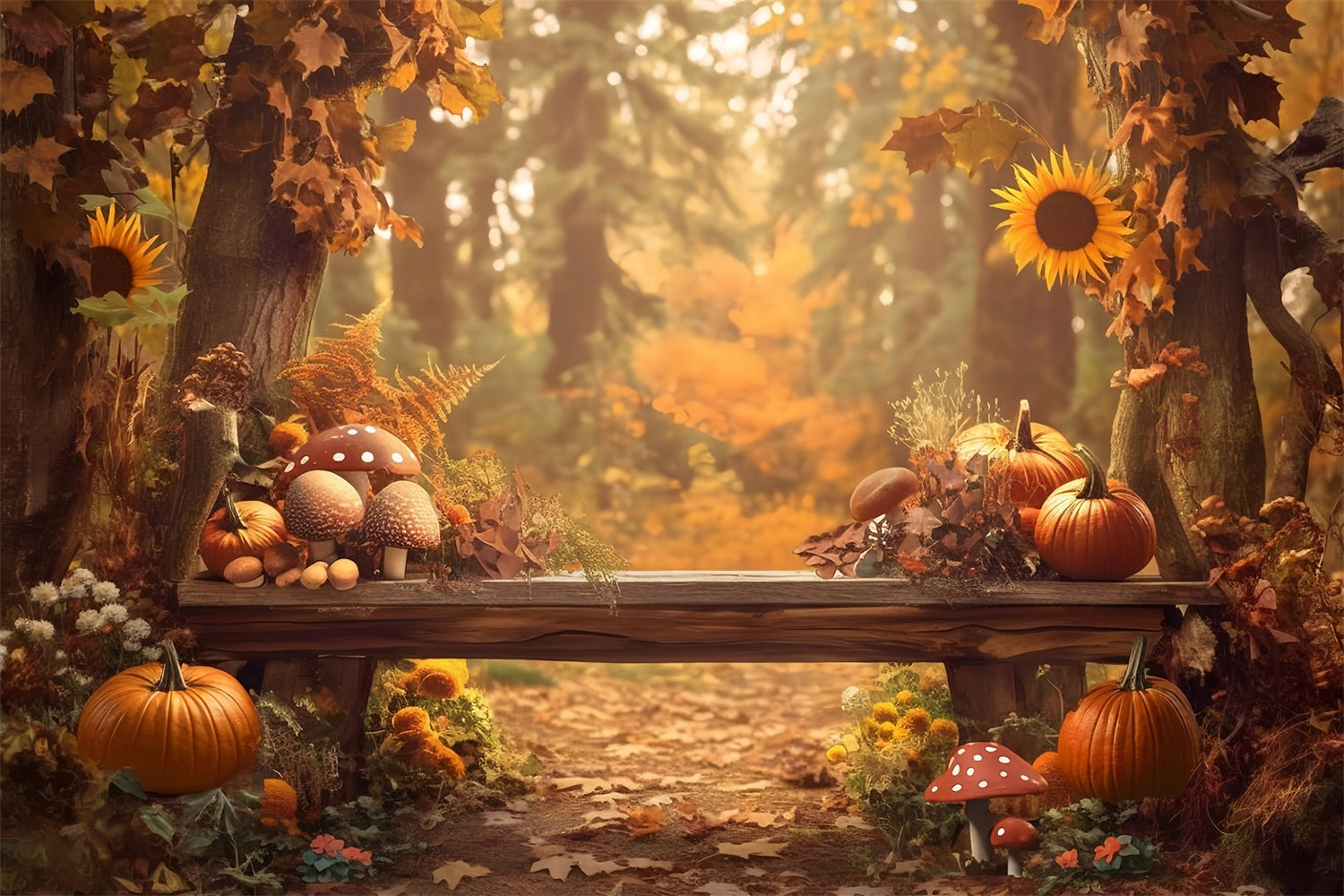 Fall Forest Backdrop Mushroom Pumpkin Bench Backdrop UK MRR7-130
